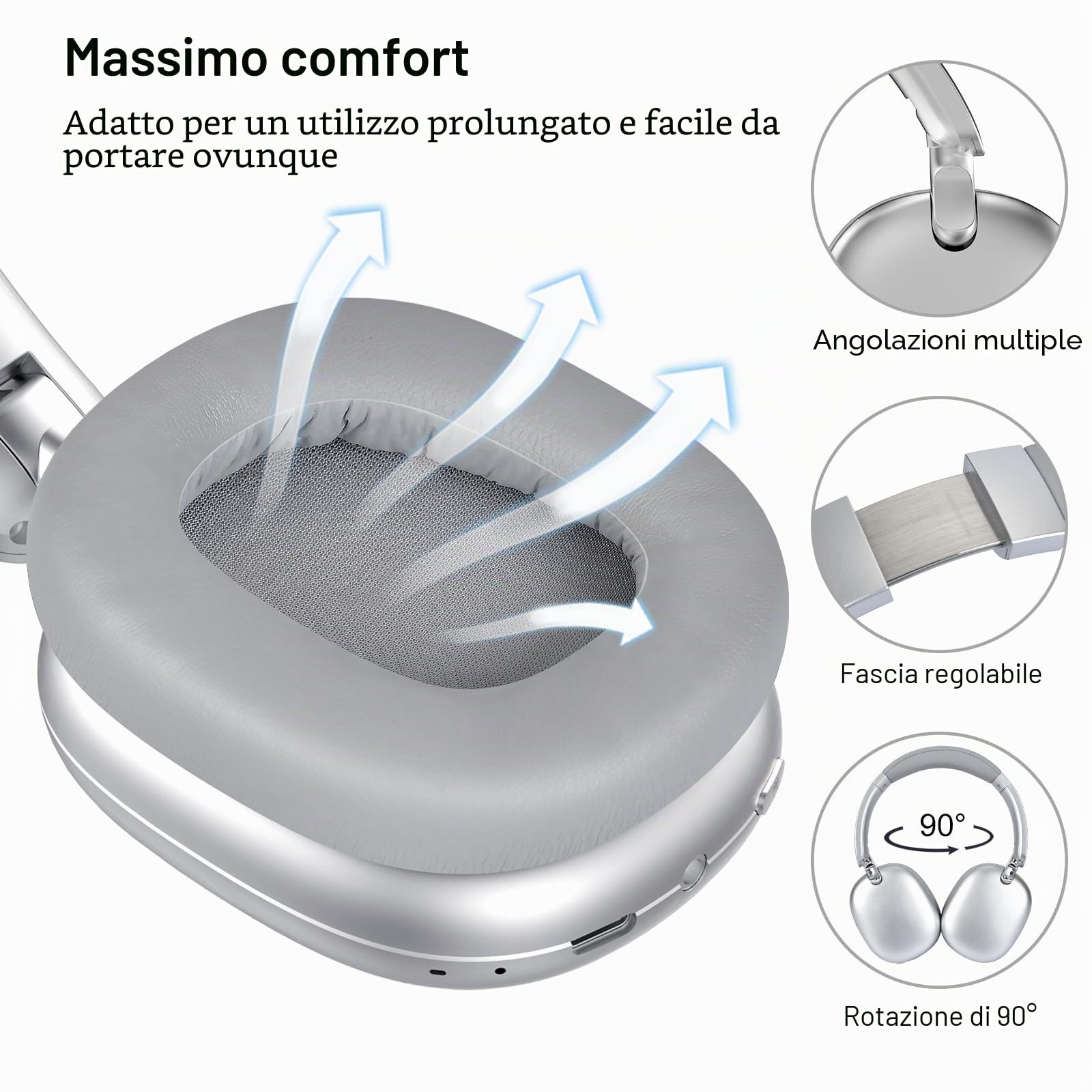 Cuffie Wireless Bluetooth con Cancellazione Attiva del Rumore, Over Ear Piegevoli, Bassi Comfort, Microfono Argento C6