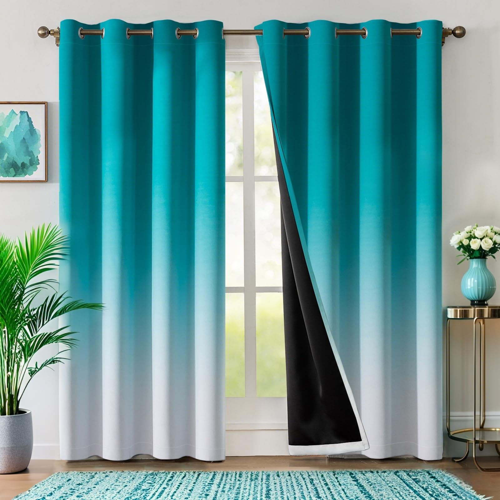 WUBODTI Teal Blackout Curtains for Liivng Room Bedroom 84 Inches Long 2 Panels, Modern Turquoise and White Ombre Curtains Grommet Gradient Thermal Insulated Room Darkening Window Drapes, 42 x 84 Inch