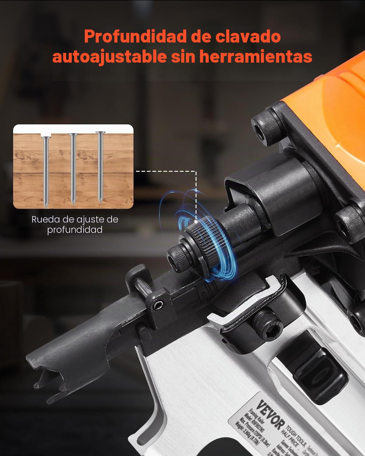 VEVOR Clavadora Neumática para Marcos, de 50 a 90 mm, con Cabezal Redondo 21 Grados, con Modos de Gatillo Doble y Ajuste de Profundidad, 80-120 PSI, para Marcos, Pisos y Cubiertas, 535 x 355 x 110 mm