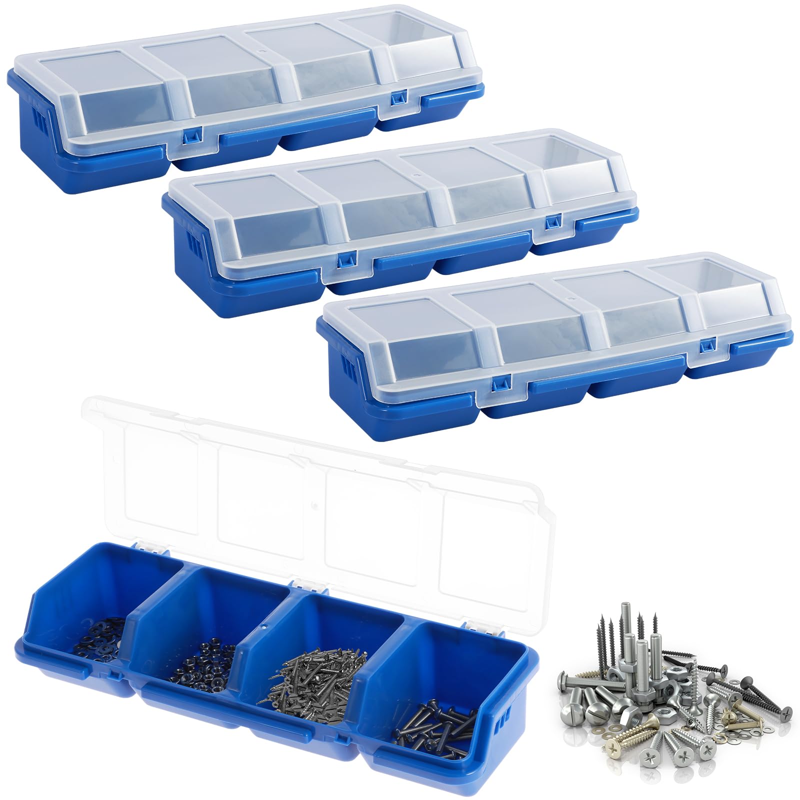 Foppla 4Pcs Parts Organizer Box Plastic Screw Organizer Box with 4 Compartment Small Tool Part Container Bin with Lid and Lock Divided Hardware Organizer Bin for Garage Workshop(blue)