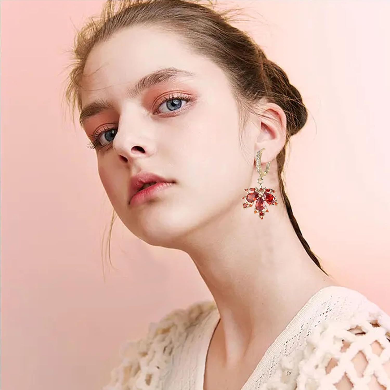 GBAHFY Rhinestone Red Maple Leaf Hoop Earrings Sparkling Crystal Maple Leaf Dangle Earrings for Women Party Festival Holiday Jewelry - Image 3