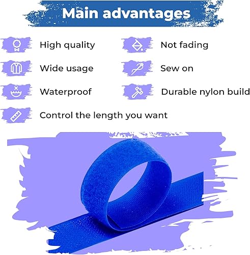 Miniatura 2 de Cinta de gancho y bucle de 1 pulgada de ancho, color azul real, no adhesiva, 1 yarda de longitud, cinta de nailon azul, juego de sujetadores de tela