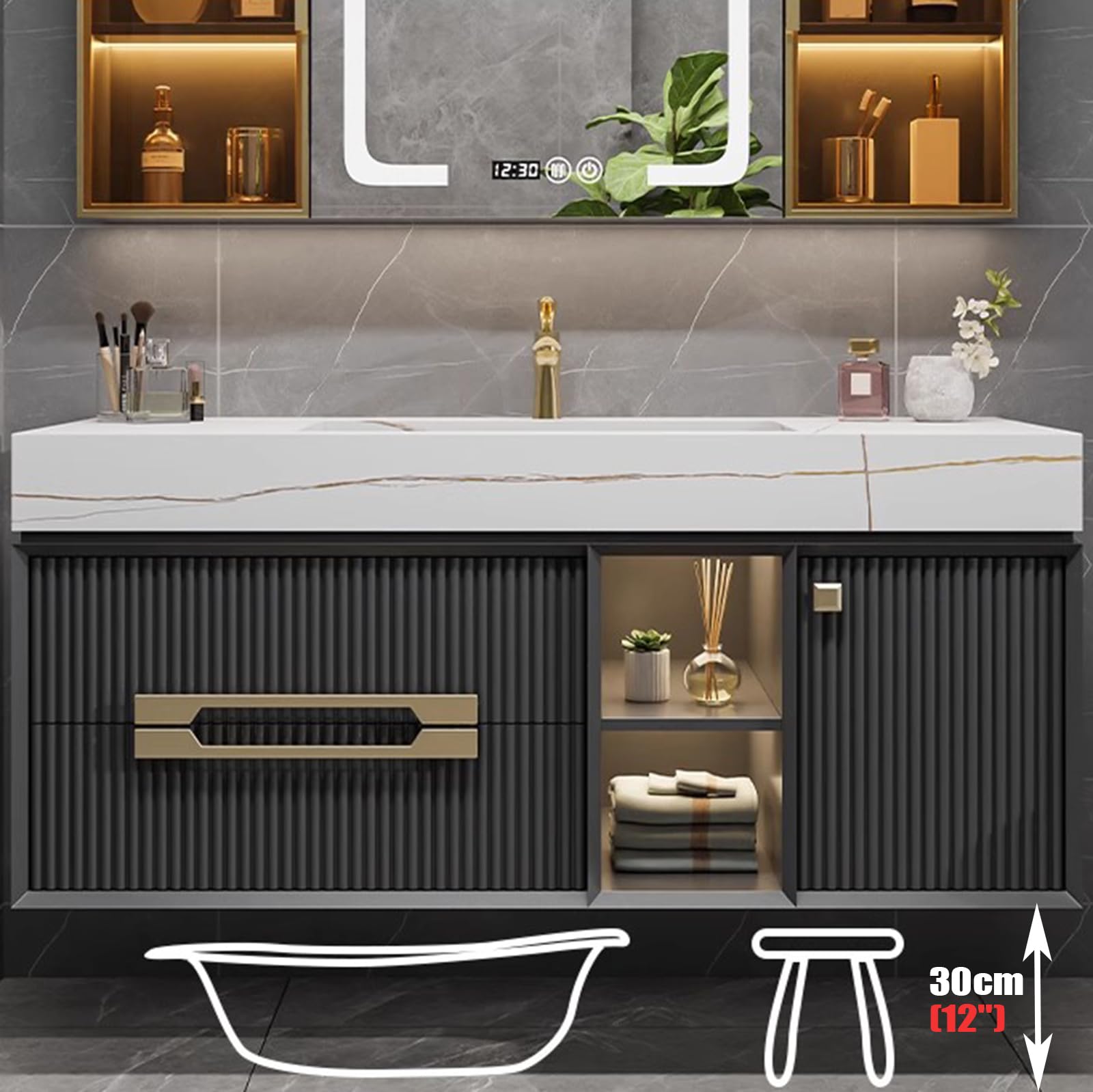 Mueble De Baño con Cajones, Lavabo Y Espejo, Mueble De Baño Suspendido con Lavabo CerámicosGreen,140cm/55in