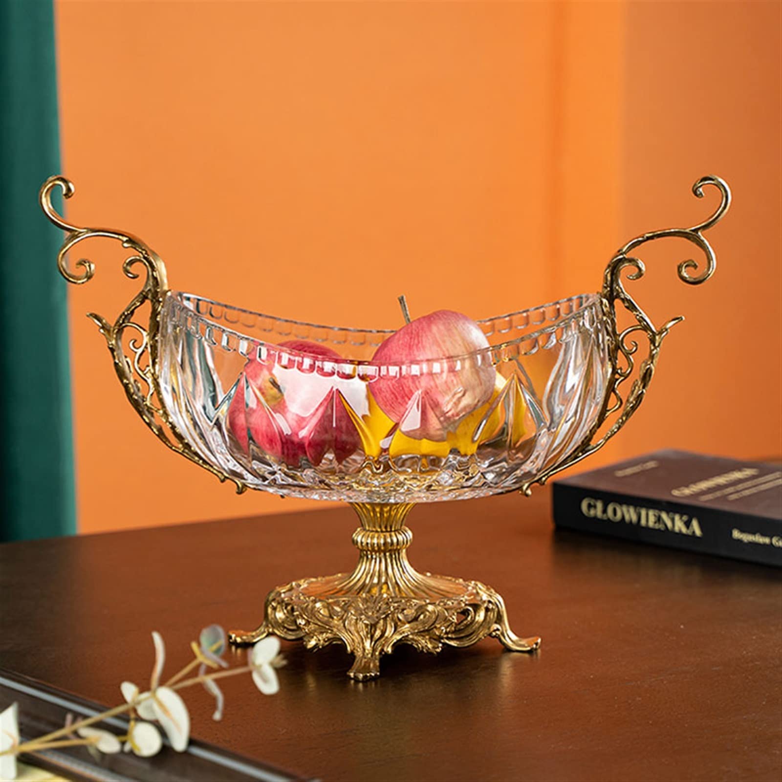 Obst-Servierschalen, Schüssel, chinesischer Retro-Kristall, transparent, dekorativer Teller, großes Glas, Süßigkeitenschale auf Kupferbasis, Tischdekoration