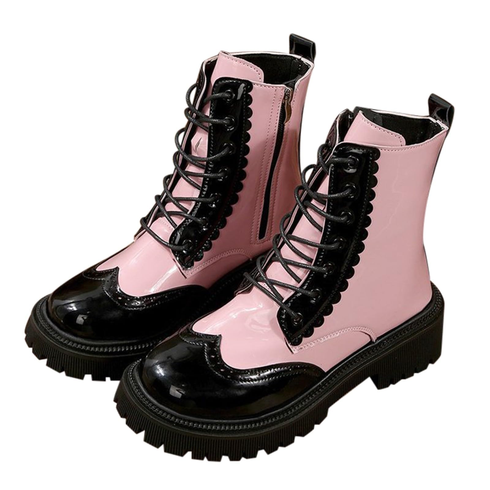 Womens White Black Goth Lace Up Chunky Platform Combat Boots Punk Ankle Boots PU Leather Side Zipper Non