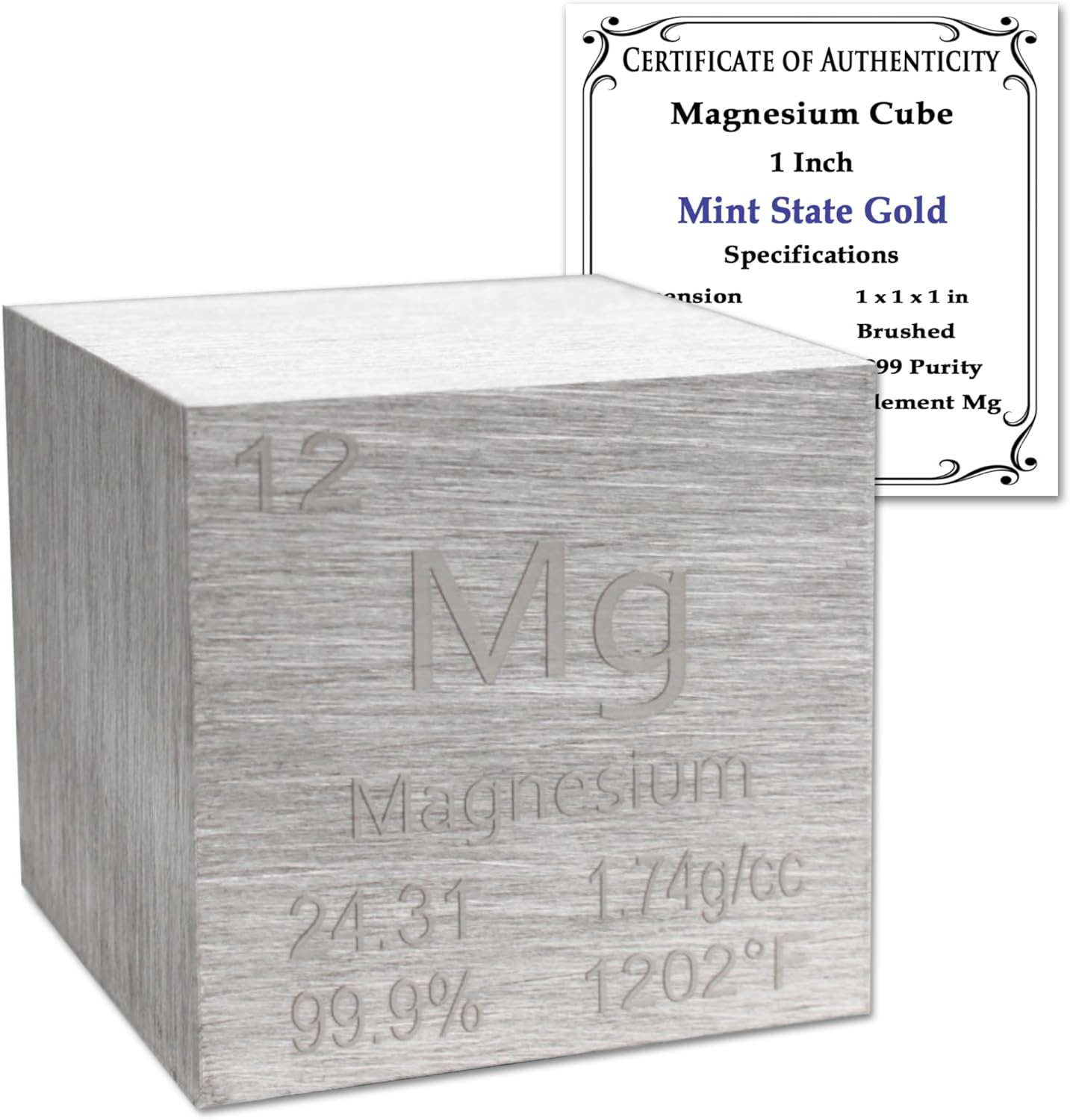 99.9% Pure 1" Inch Magnesium Cube - Element Design with Certificate of Authenticity