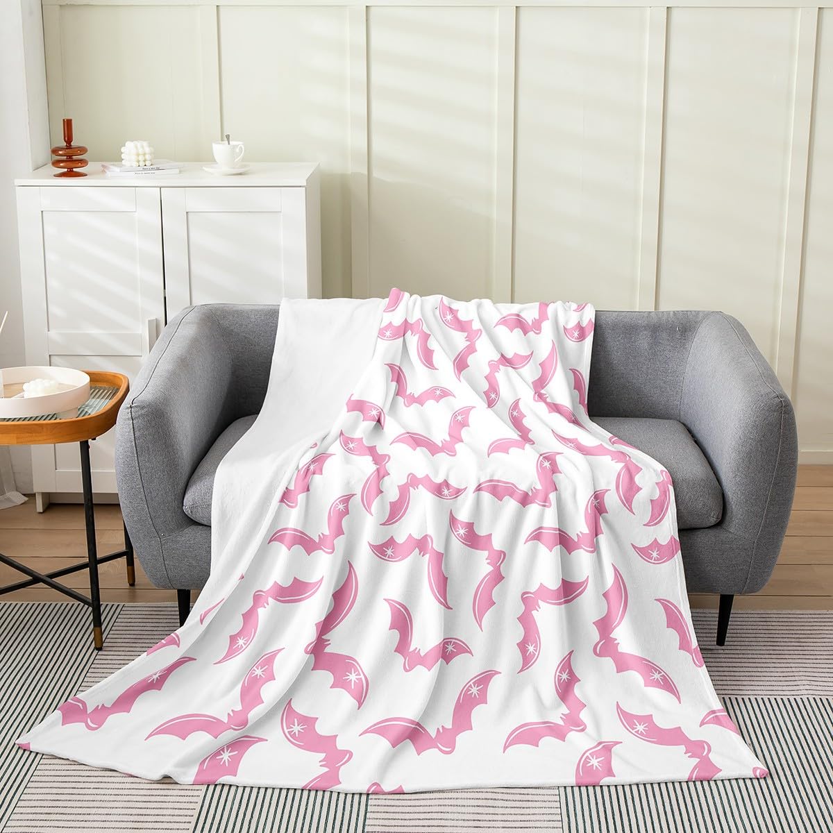Loussiesd Halloween Bat Plush Throw Blanket, Queen 90x90Inch Happy Halloween Blanket for Decor Witchcraft Flannel Fleece Blanket Ghost Pink White Bedroom — image 1