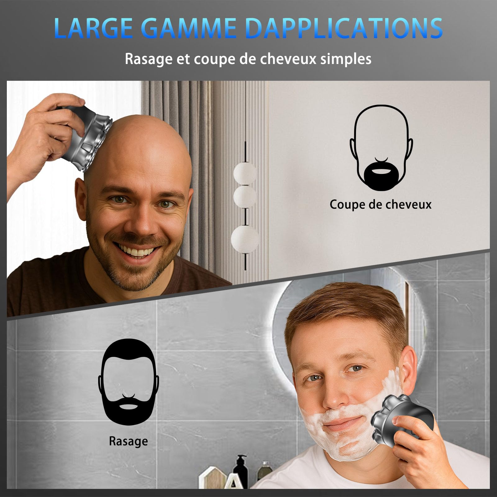 Rasoir Electriques Hommes, 7D Rasoir Tete Chauve Homme, Tête Magnétique Tondeuse Barbe Homme, Tondeuse à cheveux portable étanche sèche/humide, avec écran LED (4in)