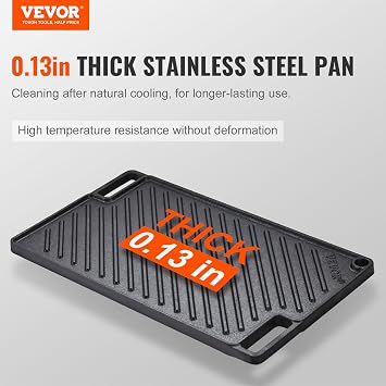 VEVOR Reversible Grill/Griddle, 9.7x16.7 Pre-Seasoned Cast Iron Griddle, Rectangular Double Burner Griddle Pan, Non-Stick Family Pan Cookware with Handles, Flat Top Plate for BBQ, Gas Grill, Black