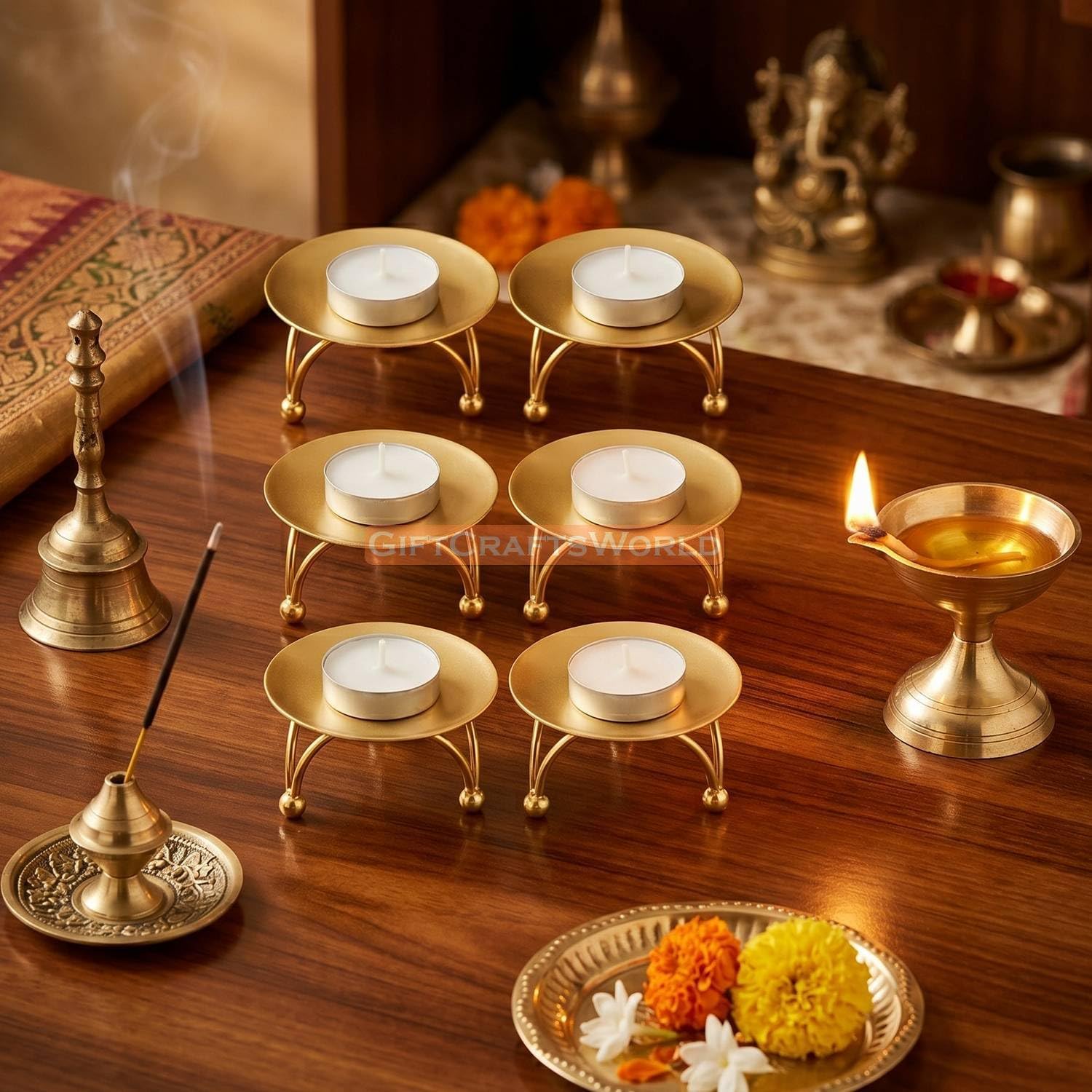 Metal Aarti Diya Holder Set for Gifting, Small Daily Pooja & Diwali Puja Oil Lamp for Home Mandir, Beautiful Traditional Indian Festival Decoration (Golden, Design 4, Set of 6)-image-48