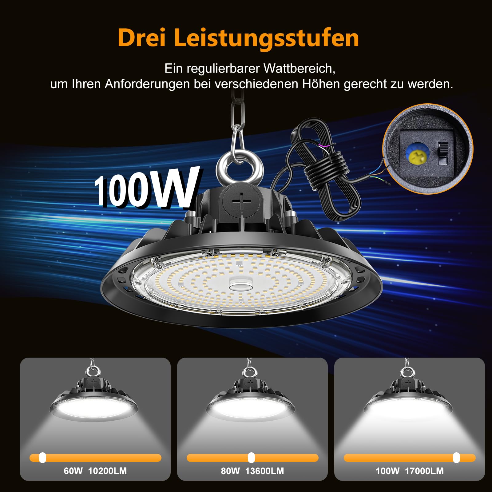 UFO LED 100W Werkstattlampe Superhelle Werkstatt Deckenleuchte Dimmbare 60W/80W/100W High Bay Light 17000LM LED Hallenstrahle Treiber 4000K IP65 Industriestrahler 120° für Fabriken, Lager