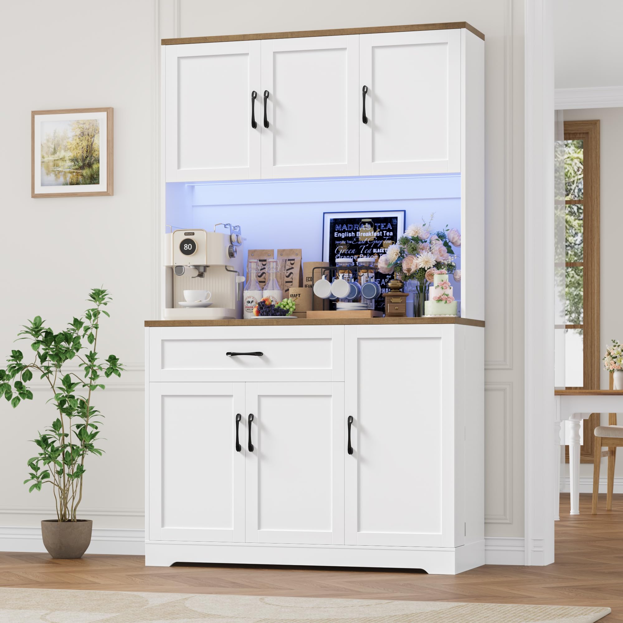 FirFurd 180.5 cm Mobile Cucina, Credenza Cucina Alta con Presa Integrata e Luce LED, Credenza con Porta Spezie, Ripiani Regolabili, Ampio Piano di Lavoro, 100.2x38.6x180.5 cm, Bianco