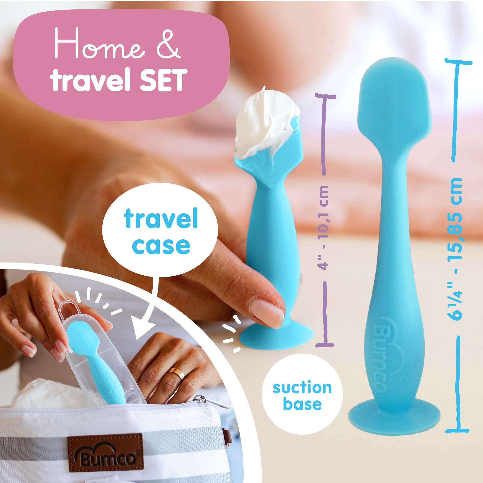 Cepillo para bebé con aplicador de crema de pañales original, cepillo de silicona suave y flexible, regalo único + aplicador de crema para pañales con funda de viaje, color azul + azul