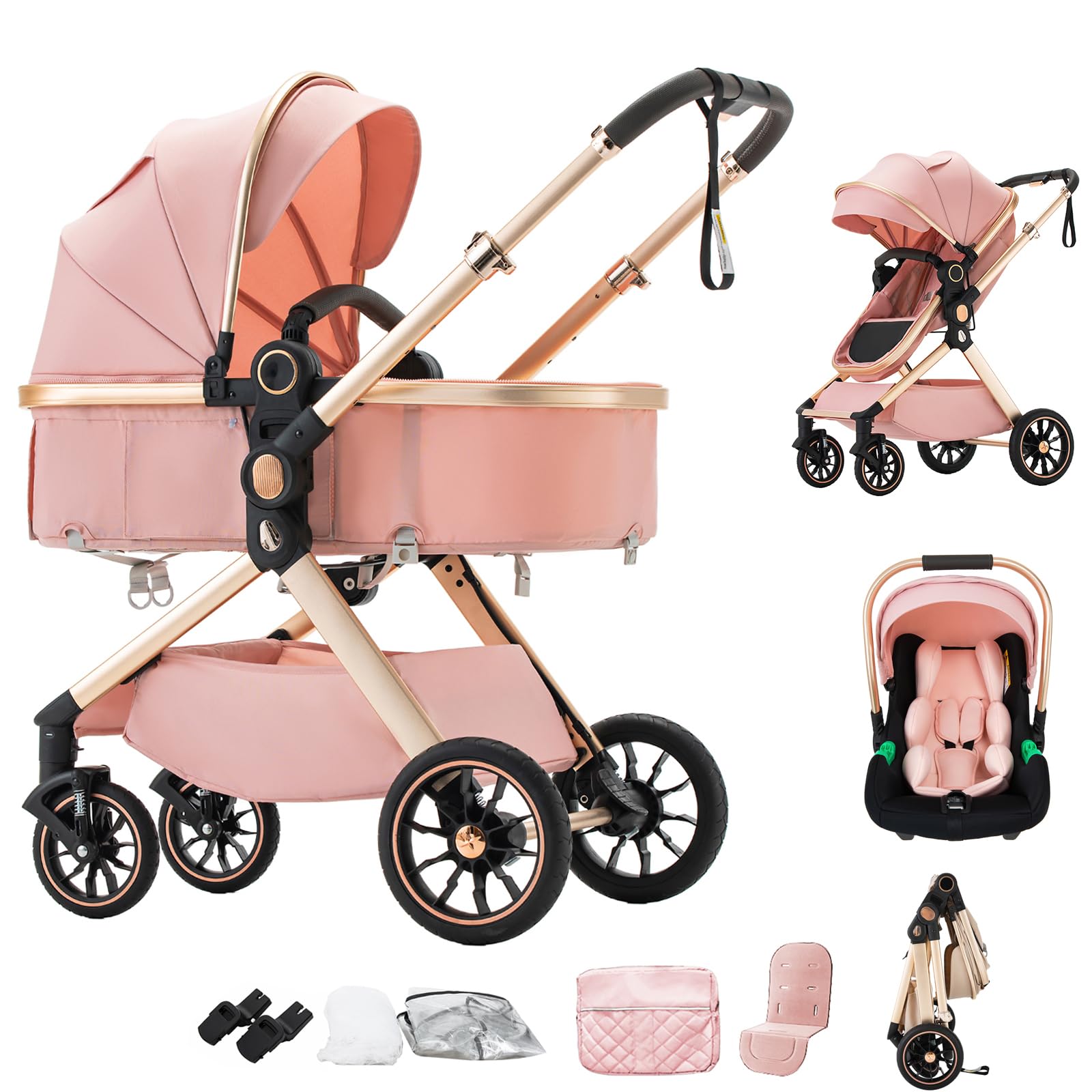 BEBBY Stroller 3-in-1 Baby 3 in 1 with Seat with Foldable Aluminium Frame, Compact Stroller with Adjustable Armrests, Combined Strollers,High Landscape Travel Pushchair (G-U9-X Pink, U9-X)