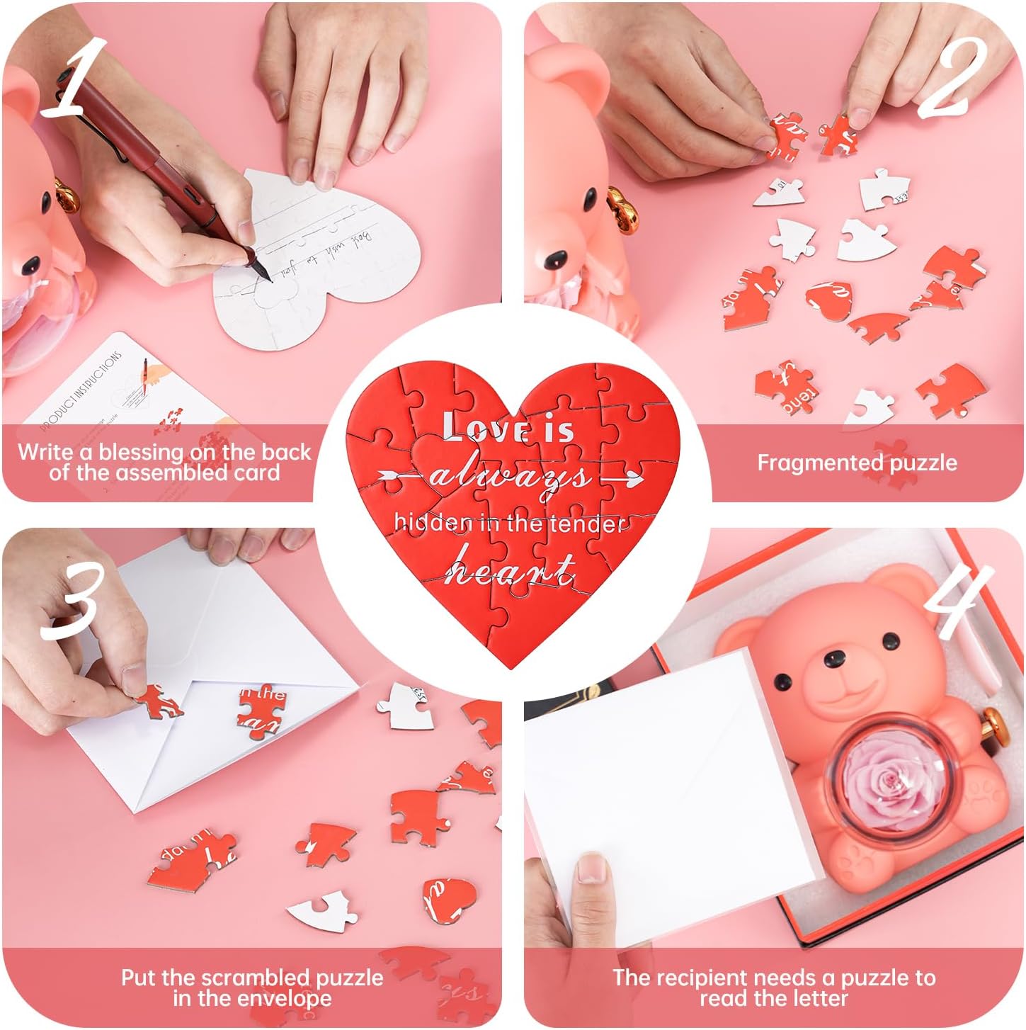 Cute Teddy Bear with Preserved Rose - A Real Rose Flower in Bear with Elegant Gift Box - Romantic Gift for Her in Mother's Day, Weddings, Anniversaries, and Bridal Showers (Pink) - Image 3