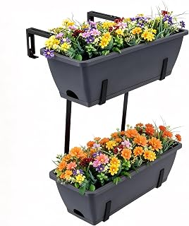 16.9 Inches Deck Railings Planter Box, 2Pcs Hanging Flower Pots, Grey