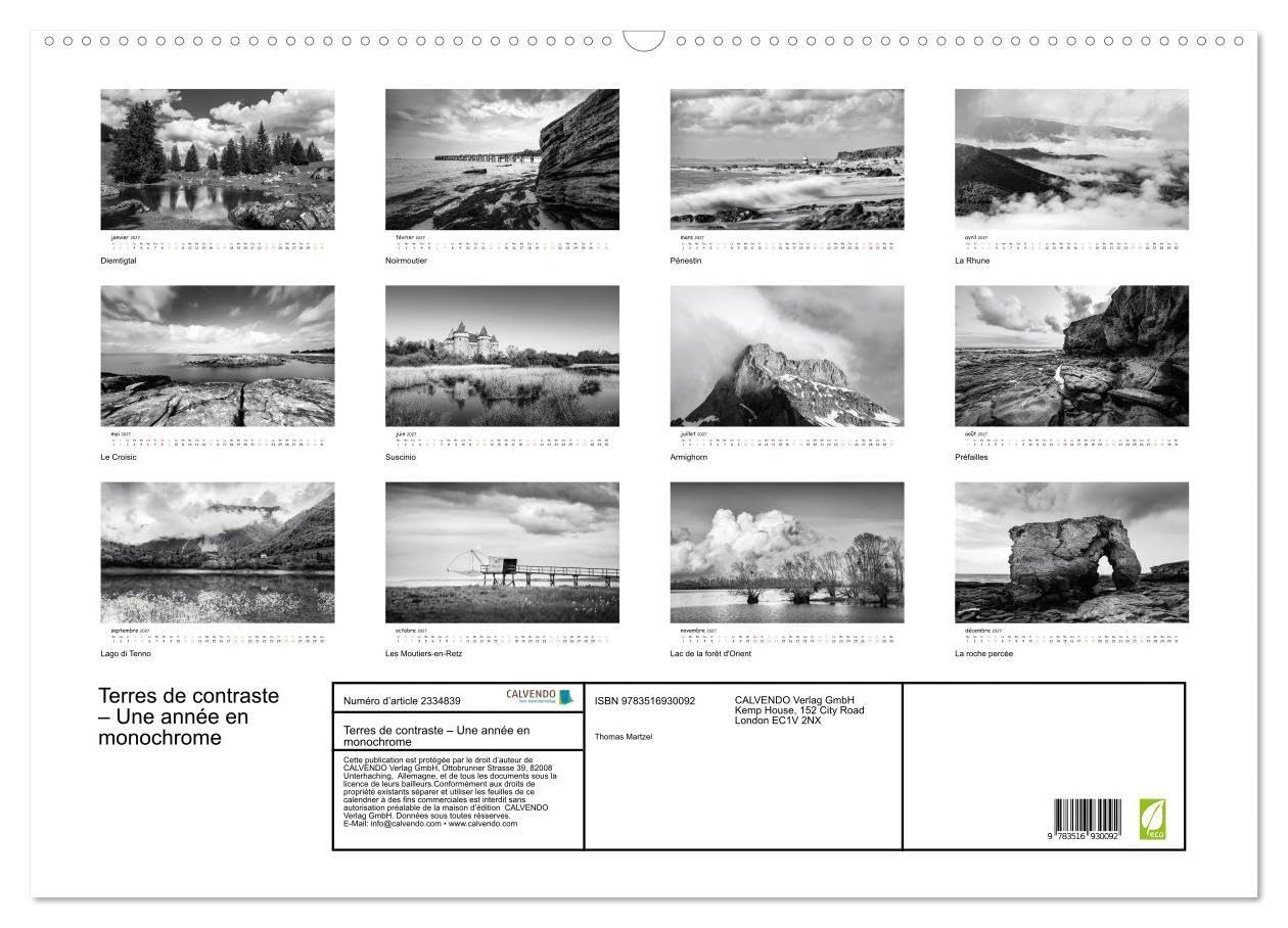 Terres de contraste - Une année en monochrome (Calendrier mural 2027 DIN A2 vertical), CALVENDO calendrier mensuel: Un calendrier artistique et ... et la poésie des paysages en noir et blanc.