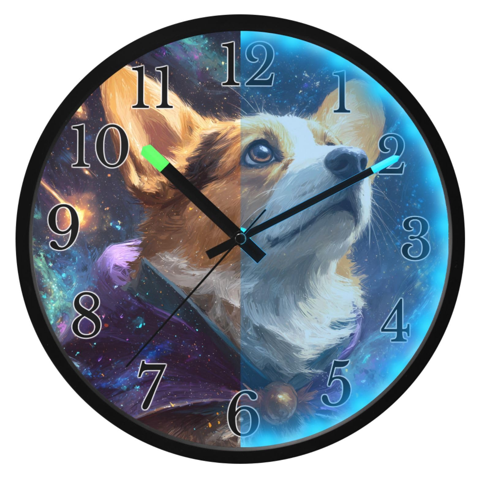 Horloge murale Corgi phosphorescente et silencieuse de 30 cm à piles