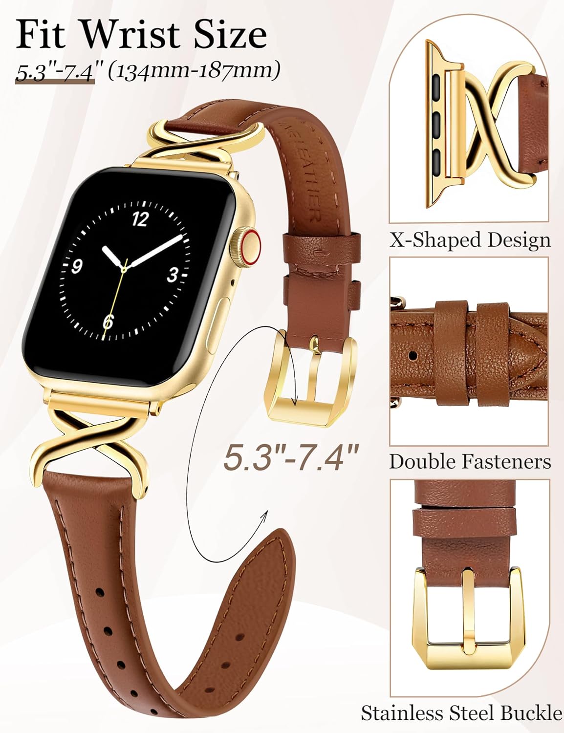 JR.DM Leather Bands Women Compatible with Apple Watch 40mm 38mm 44mm 45mm 41mm 42mm 46mm 49mm Dressy Fancy Strap with Fashion X-Shaped Metal Crown for iWatch Series Ultra/SE/11/10/9/8/7/6/5/4/3/2/1 Brown - Image 2