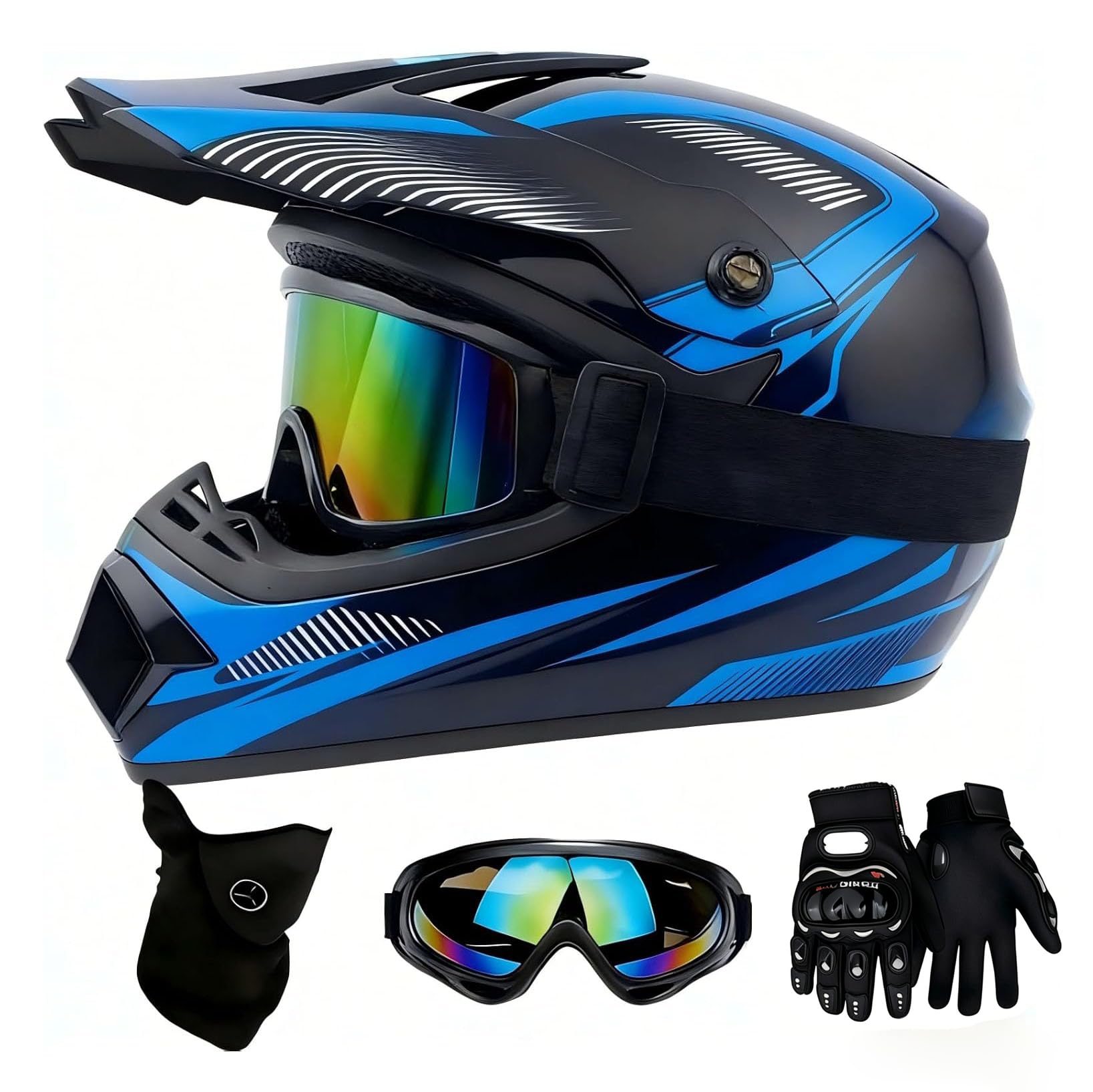 Casque Moto Cross Enfant, Casque Intégral, Lunettes, Gants et Cagoule Moto