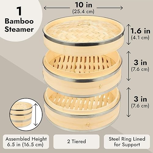 Miniatura 3 de Juvale Inserto para olla de vapor de 2 niveles con anillos de acero, 10 x 6.5 pulgadas, beige, cesta apilable de bambú y acero para arroz y bola de