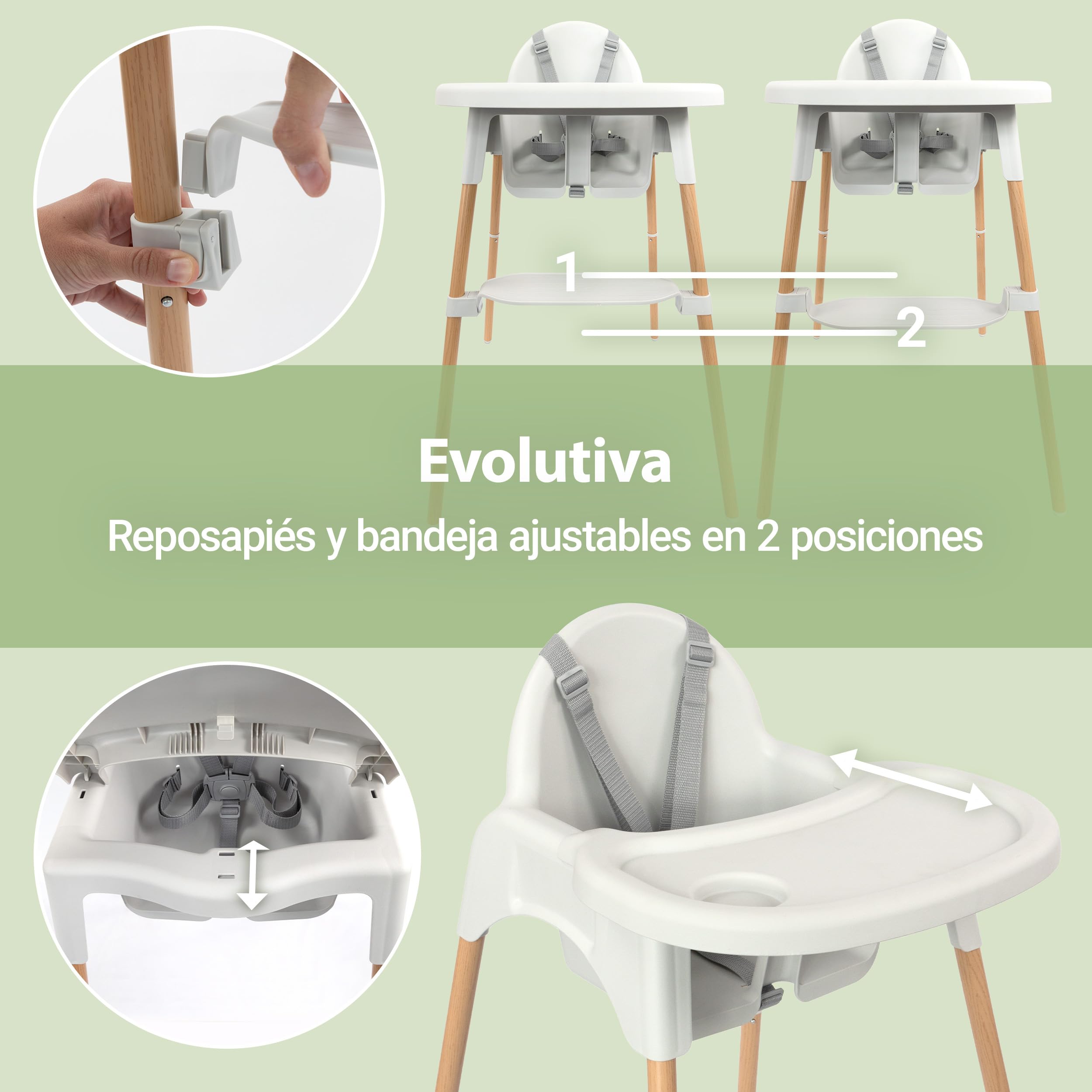 Zamboo Tronas de Bebé Ligeras desde 6 Meses 3,5 kg | Silla Alta Comedor Evolutiva con Diseño Madera - Bandeja Extraíble Grande y Arnés Seguridad 5 Puntos | Portátil - Antivuelco, hasta 15 kg – Gris