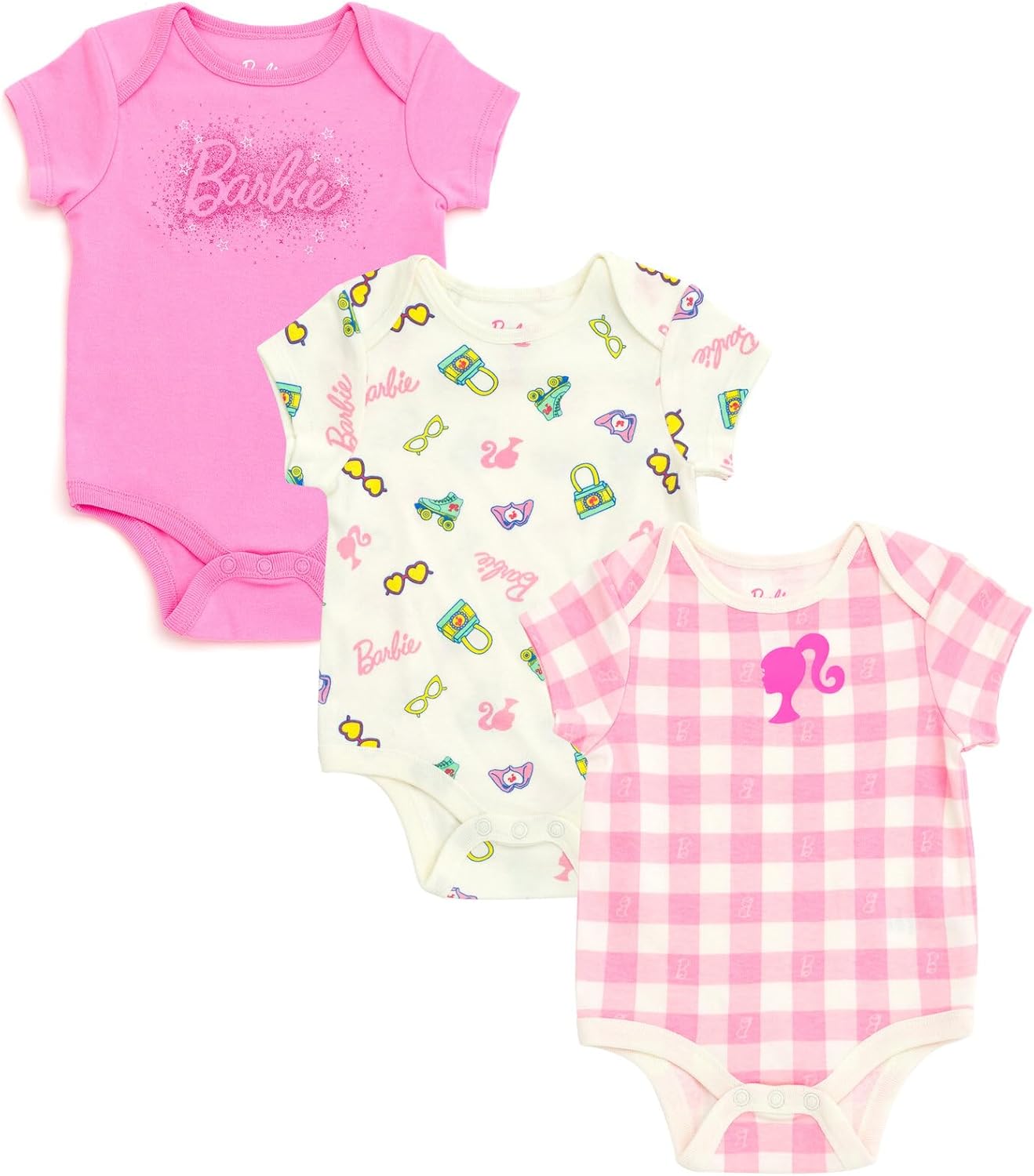 Barbie Baby Girls 3 Pack Bodysuits Newborn to Infant Sizes (Newborn - 24 Months)
