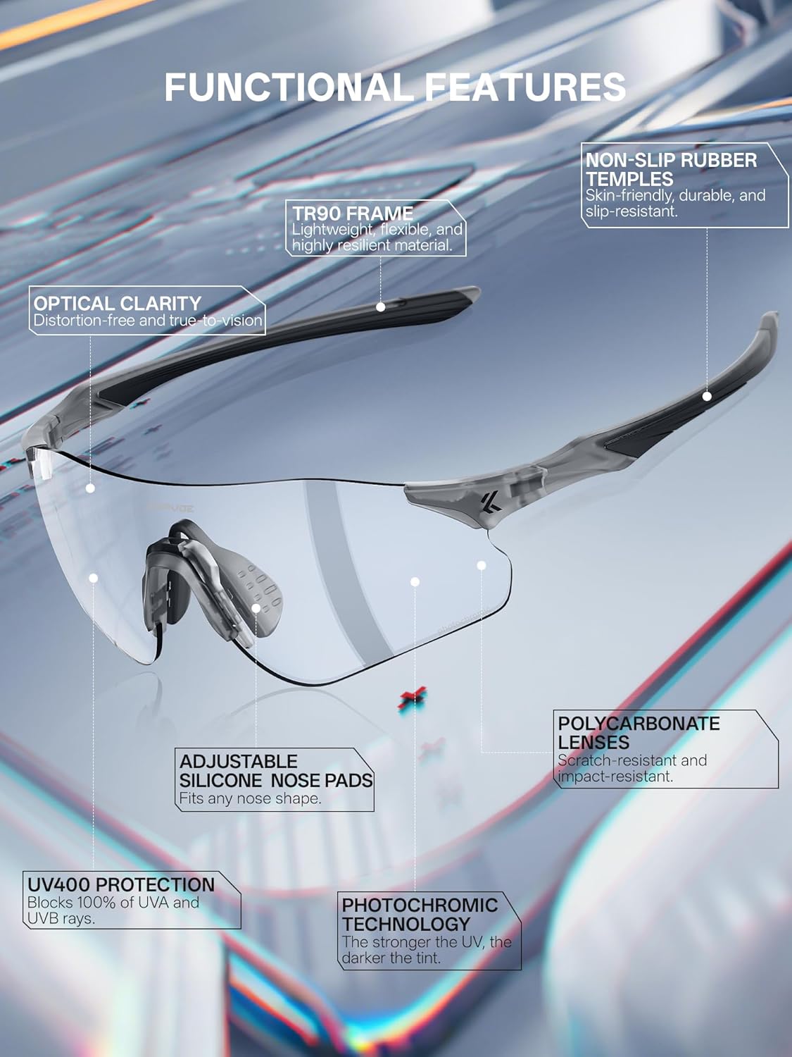 KAPVOE K108 Photochromic Running Sunglasses Clear Sports Glasses for Men Women UV400 TR90 Frame Mountain Bike Cycling Riding