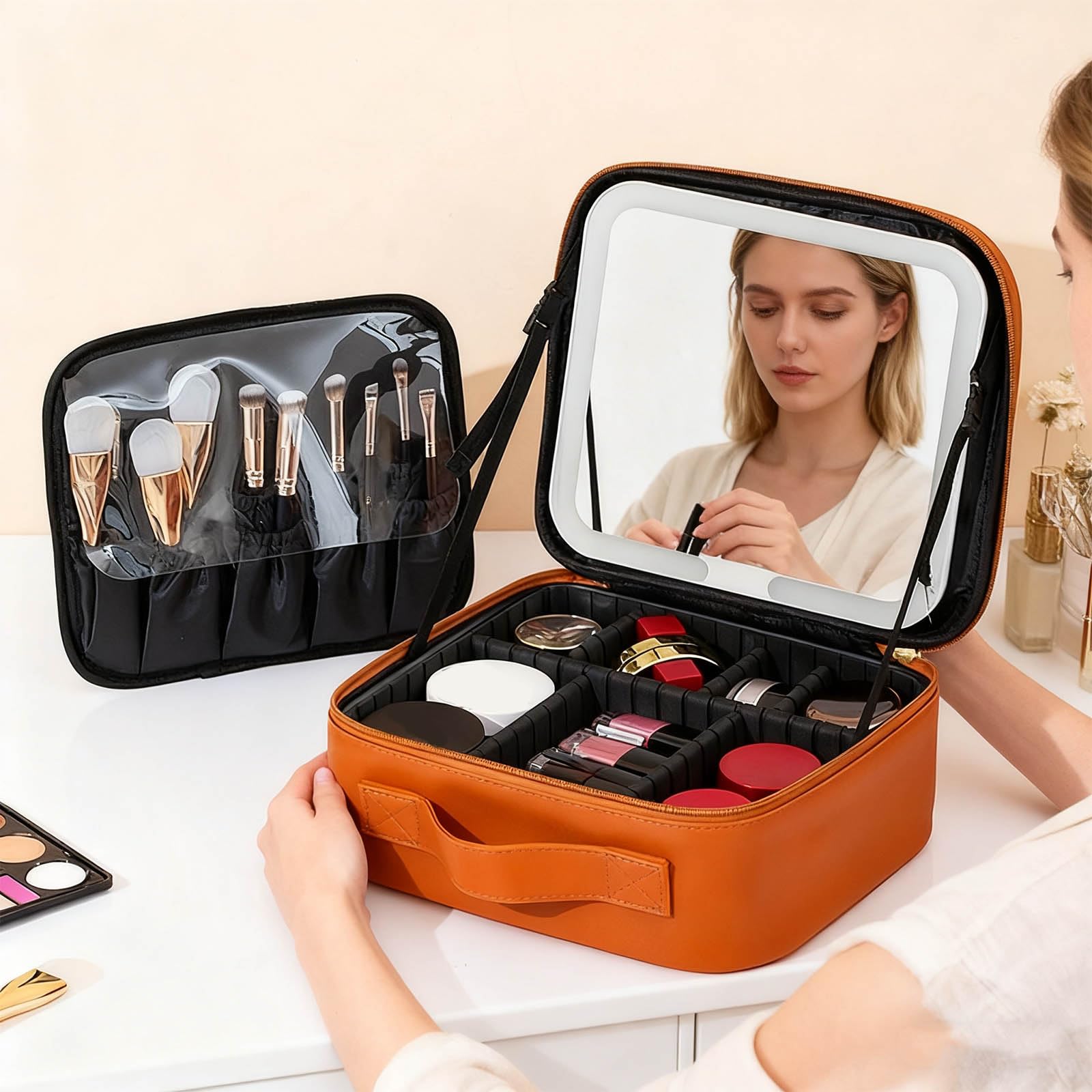 Neceser portátil con luz LED, diseño Resistente Agua con múltiples Compartimentos para aplicación de Maquillaje Nocturno, Estuche de tocador LED portátil