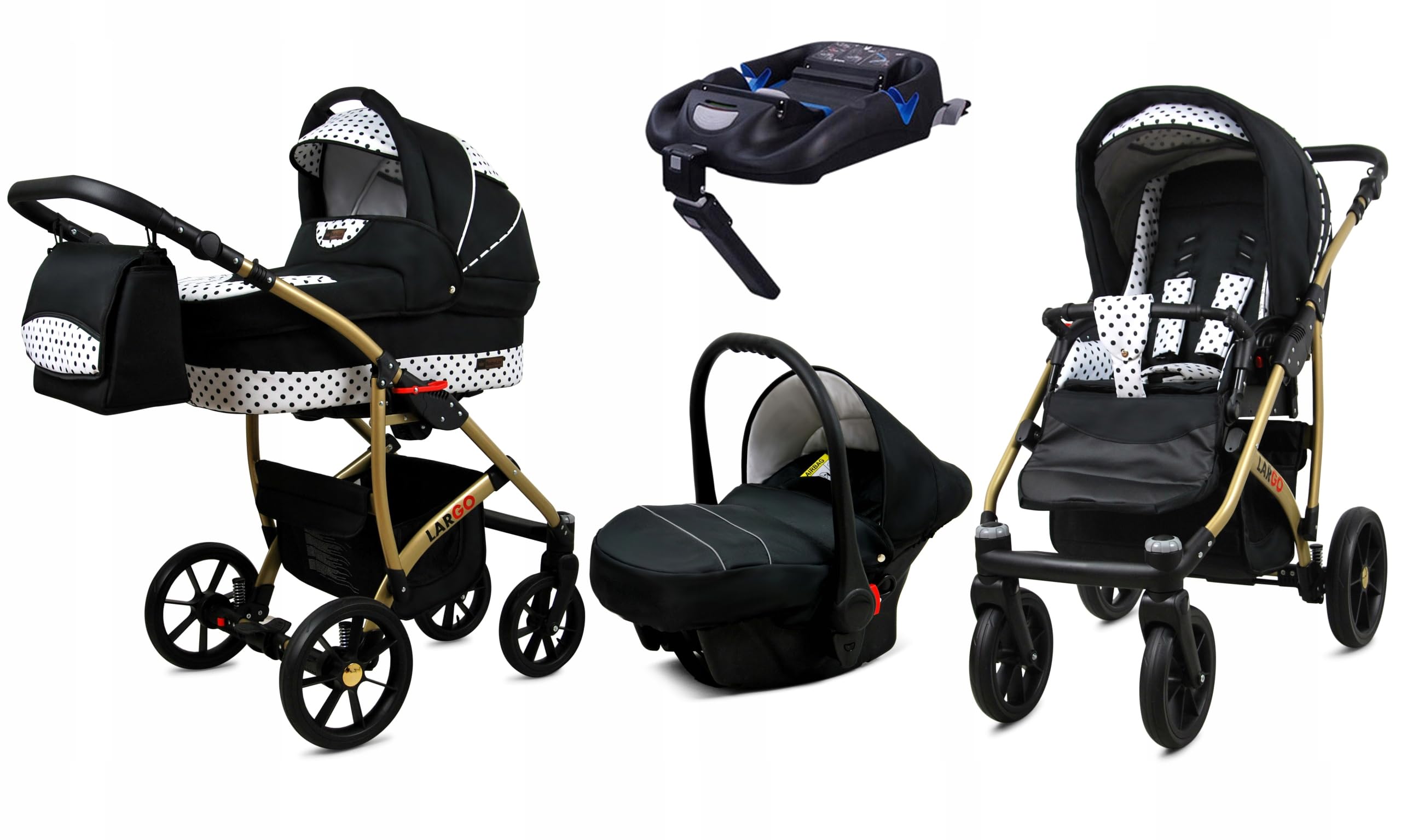 BabyLux Zestaw wózków dziecięcych 4 w 1 – Largo – w zestawie wanienka dla niemowląt, fotelik sportowy, fotelik samochodowy, stacja bazowa ISOFIX – fotelik samochodowy – zestaw wózków dziecięcych