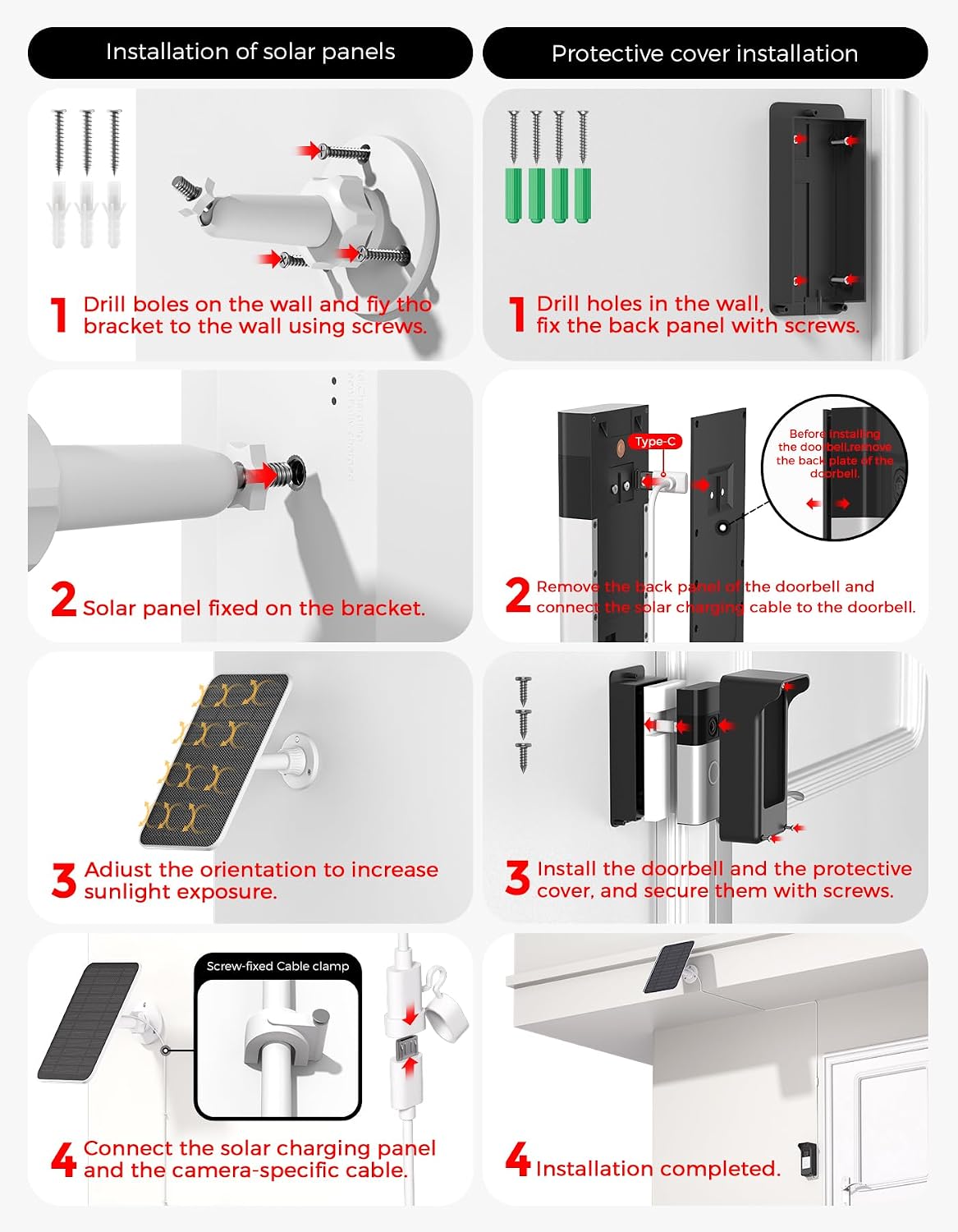 Solar Panel and Doorbell Mount for Ring Battery Doorbell 2020&2024 Release