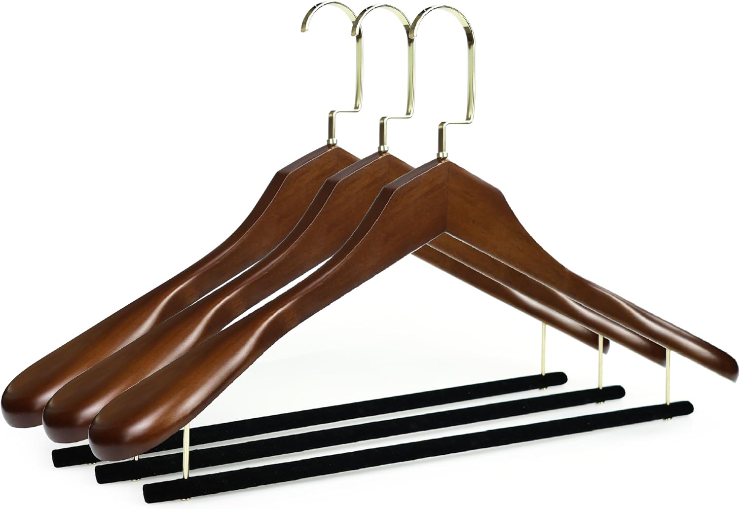Luxury Wide Shoulder Wooden Suit Hangers, Flocking Pants Bar, Classisc Solid Wood Jacket Clothes Hangers Smooth Finish for Sweater Dress Pants Sport Coats (Dark Brown, 3 Pack)