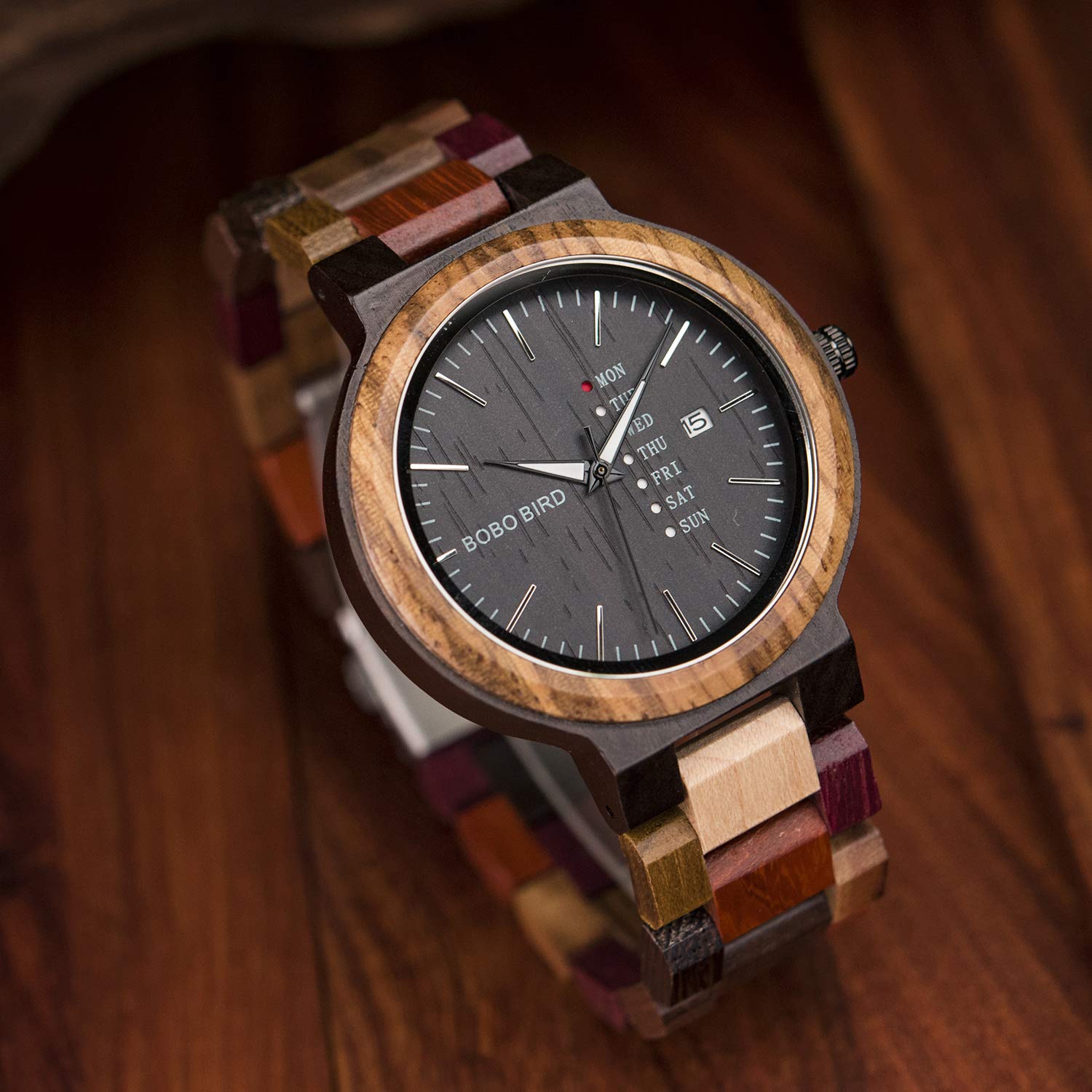 GUANKE Men Wooden Watches Colorful Bamboo Watch Week & Date Display Quartz Couples Watches Handmade Casual Multifunction Wood Wristwatch for Men