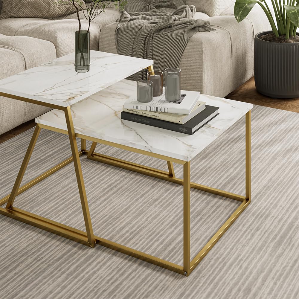 Vicco Couchtisch-Set Myra, Marmor-Weiß/Gold, 60 x 50 cm 2 Teile, zur flexiblen Nutzung als Beistell- oder Ablagetisch