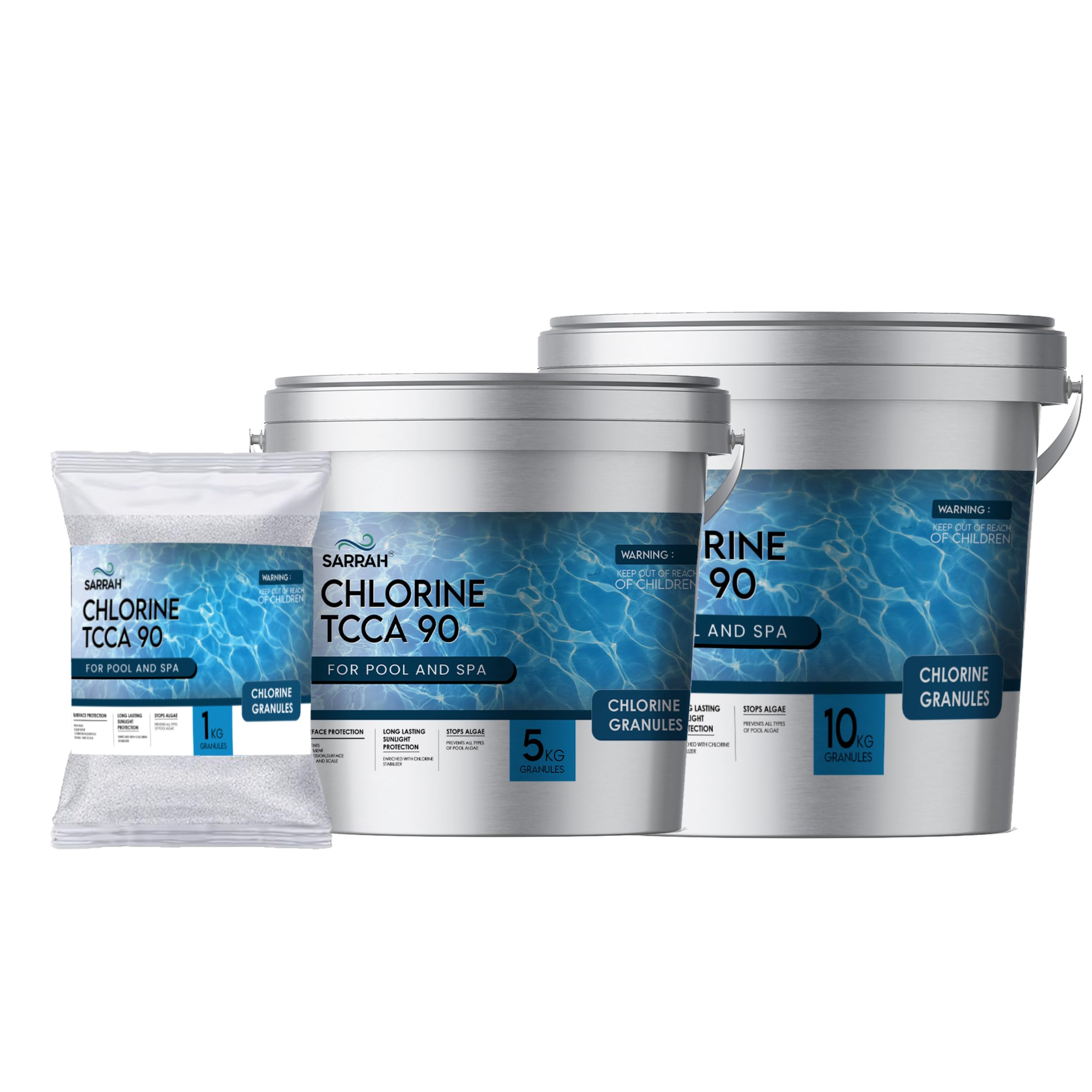 Sarrah TCCA 90 Chlorine granules for Water Treatment Granules for Pool Surface Protection, Sunlight Protection, Stops Algae 1 kg pack (1)