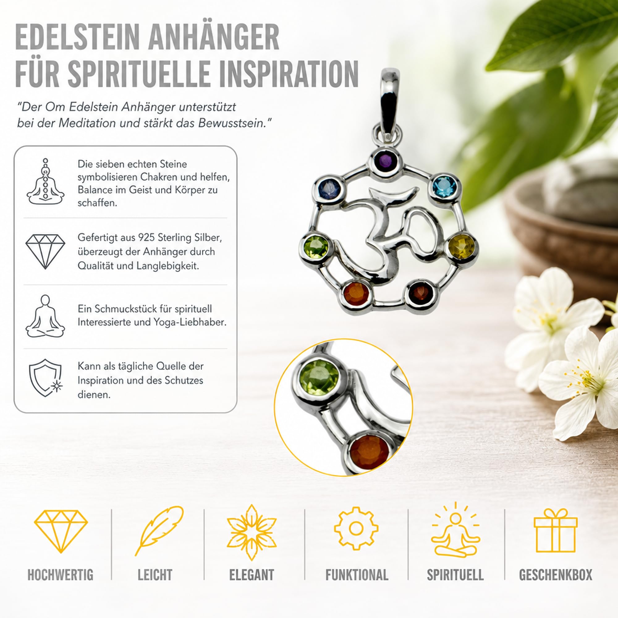 I-be, Chakra Anhänger 7 echte Edelsteine, 925 Silber, Länge: 3,4 cm im Geschenketui, 20 Chakra OM