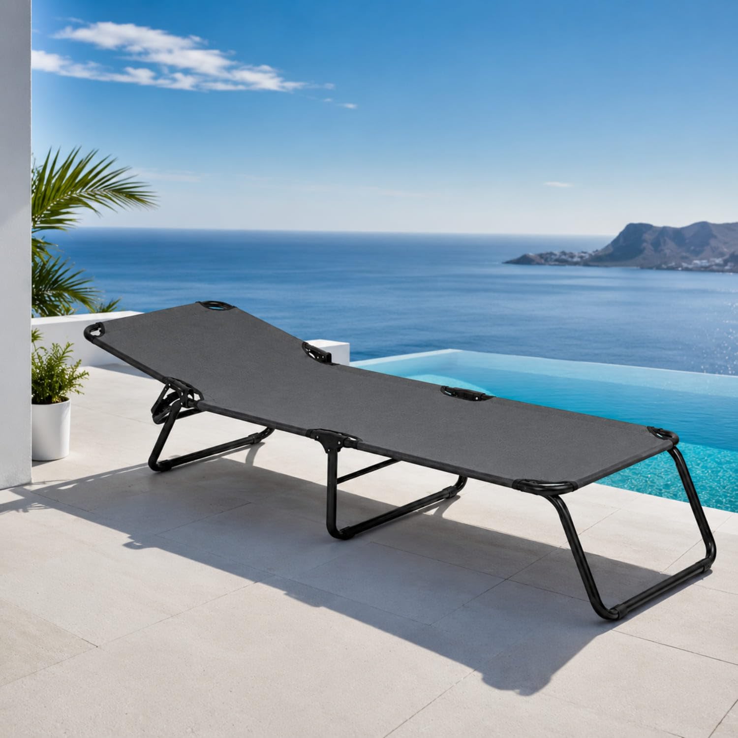 Lettino Pieghevole Prendisole Schienale Reclinabile Struttura Metallo Nero 187x53x24 cm Grigio Scuro