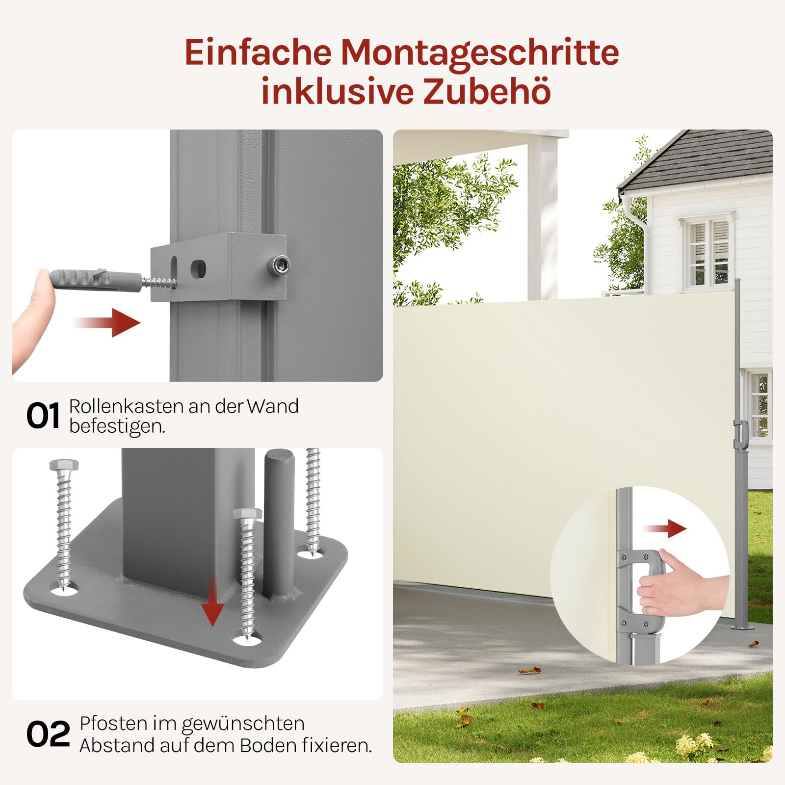 WOLTU Seitenmarkise Ausziehbar 160x350cm Creme | ausziehbar; Sichtschutz; Sonnenschutz; Windschutz; mit Wandhalterung