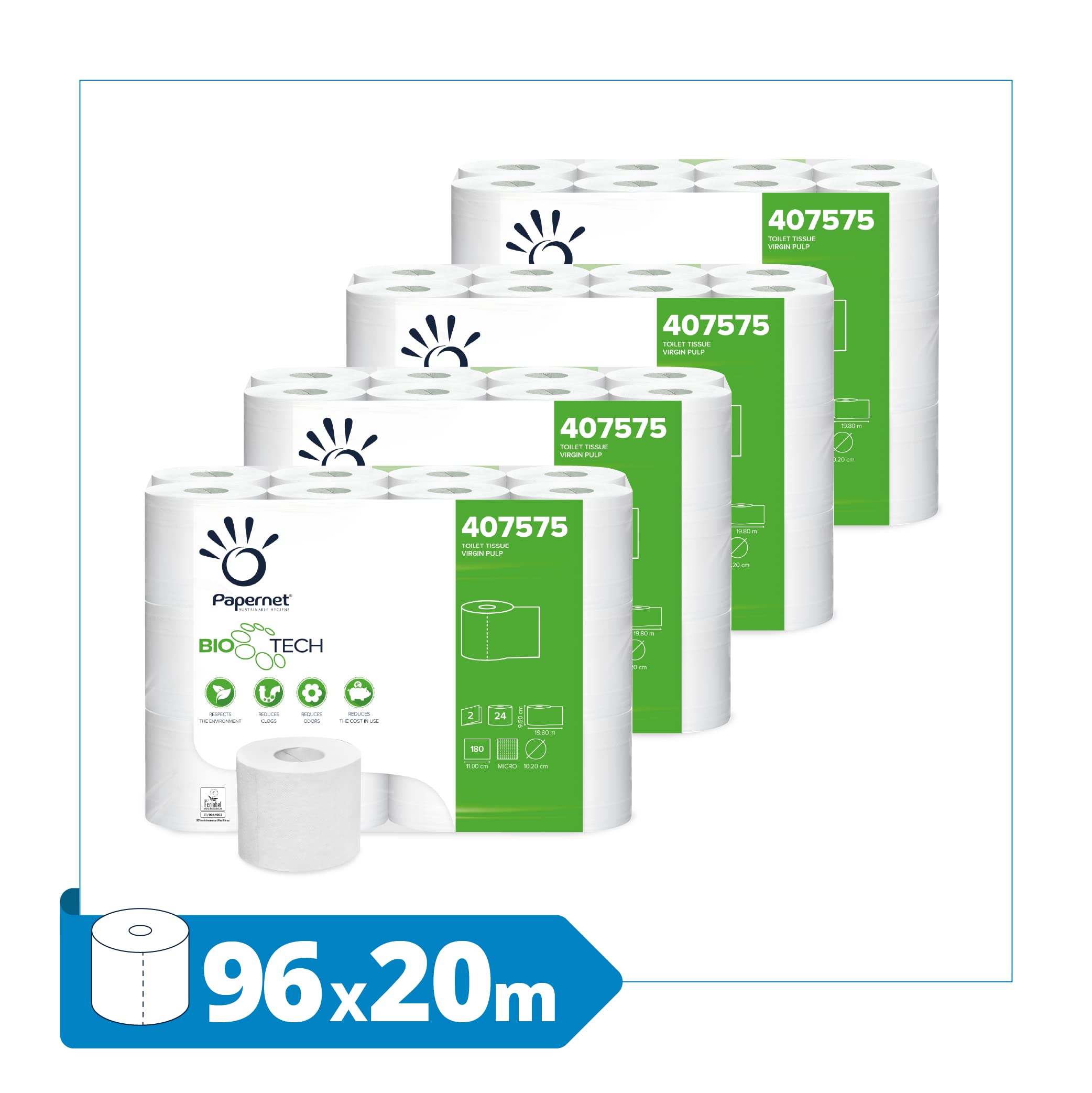 Papernet 407575 Biotech Papel Higiénico, Celulosa Pura, 2 Capas, 24 Rollos, Blanco