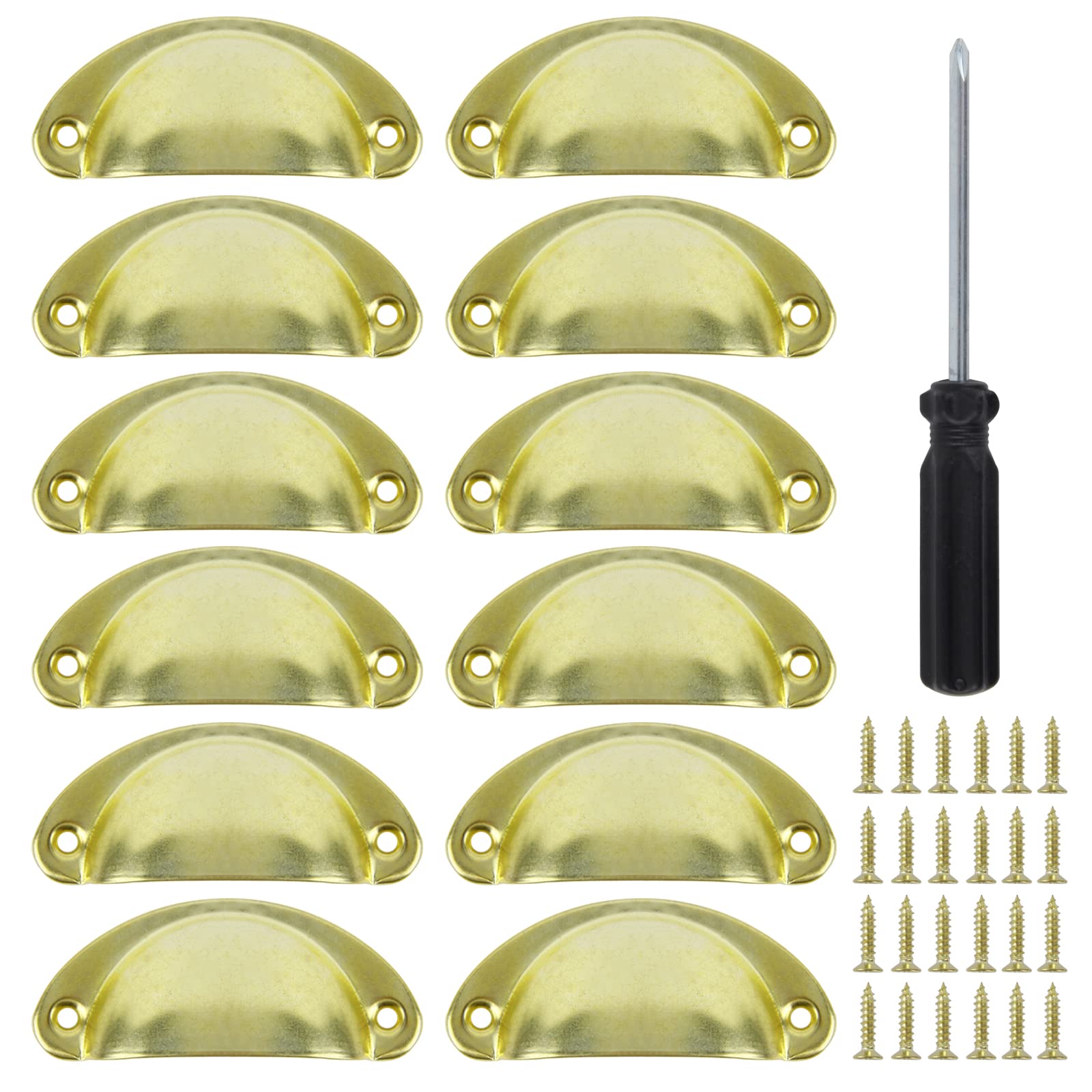 12 Pcs Vintage Shell Cup Drawer Handles Antique Brass Pull Handles Semi Circle Retro Cupboard Handles Brass Half Moon Cabinet Handle for Kitchen Wardrobe Cabinet Cupboard Chest Closet Dresser Door