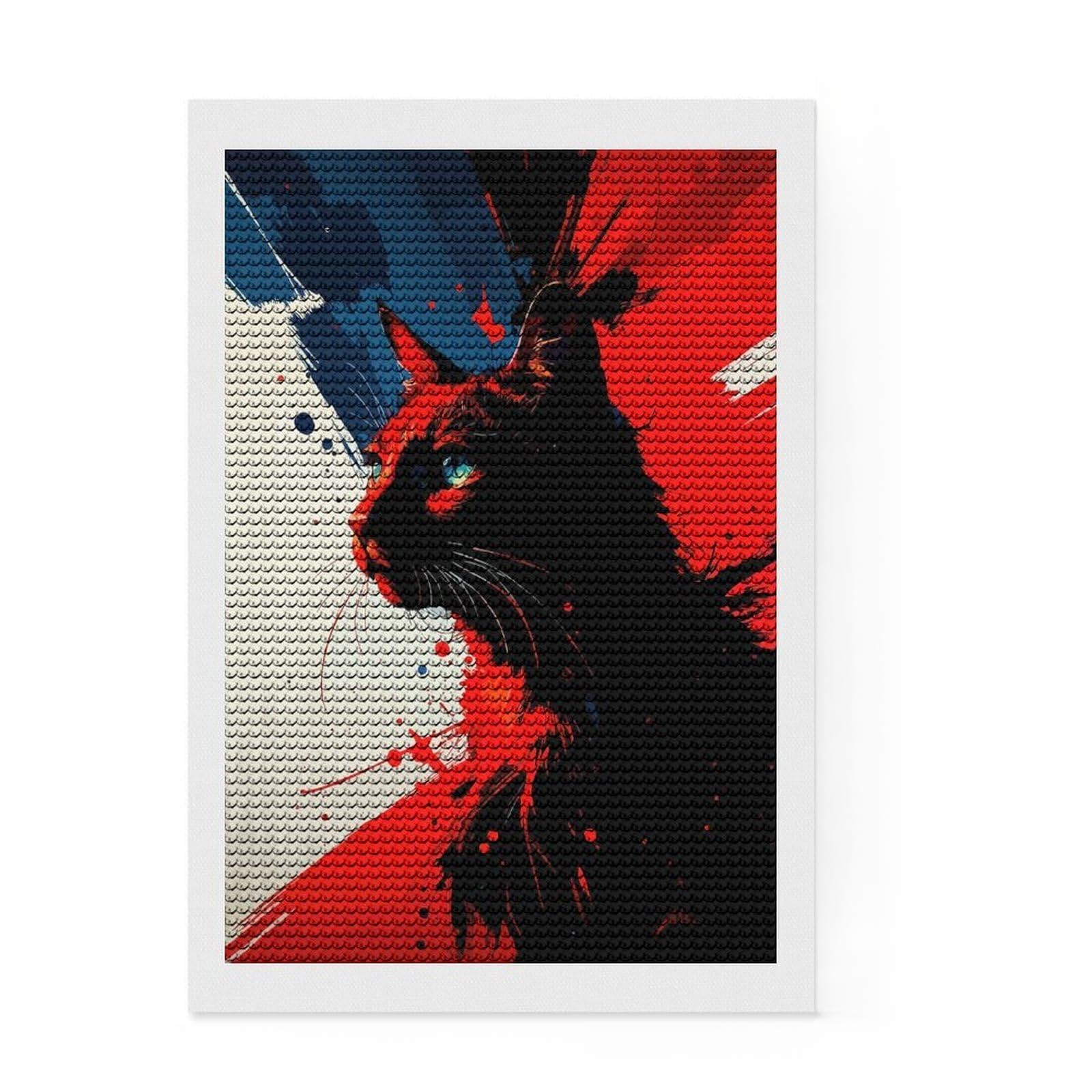 Junmoney Abstract Cat Portrait with Patriotic Colors DIY Diamond Art Canvas Kit 8"x12", Satisfying Creative Project, Mindful Craft Activity, Cosy Home Accent, Gift Idea