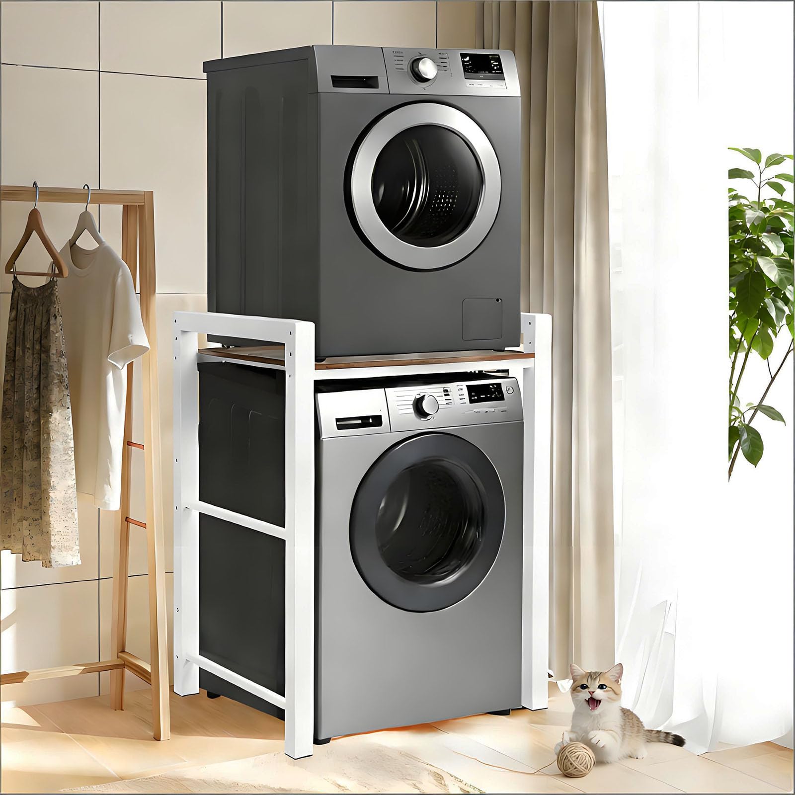 Waschmaschinenregal, Regal fur Waschmaschine undTrockne, Waschmaschinenschrank mit 3 EinstellbarenHohenverstellbarer, Waschmaschine trocknerschrank,Tragfahigkeit 350 kg. (WeiB)