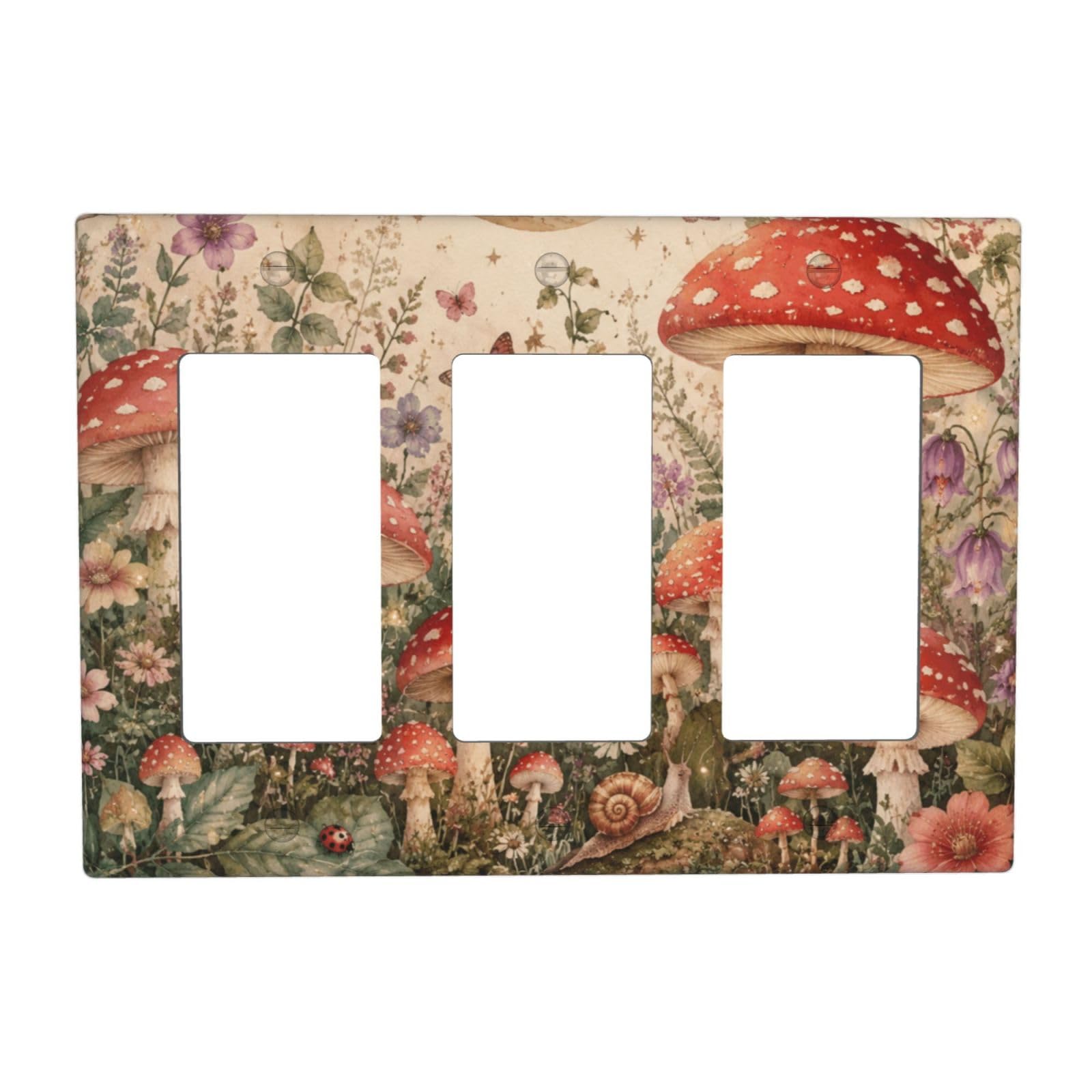 Dwbguo Vintage Mushroom Decorative Outlet Covers Watercolor Mushroom & Moon 3 Gang Wall Plate Triple Rocker Vintage Butterfly Floral Light Switch Covers Switch Plate Cover For Bedroom Bathroom Decor