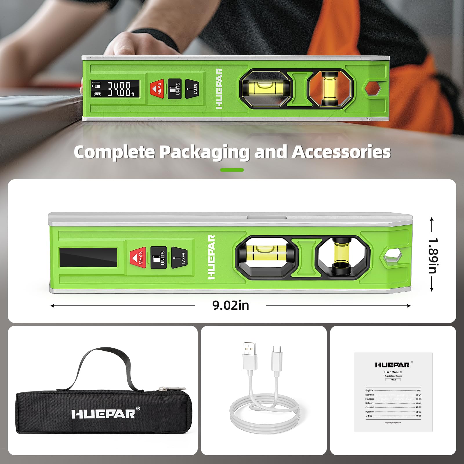 Huepar 3-in-1 Laser Level - Level, Measure, Align -9