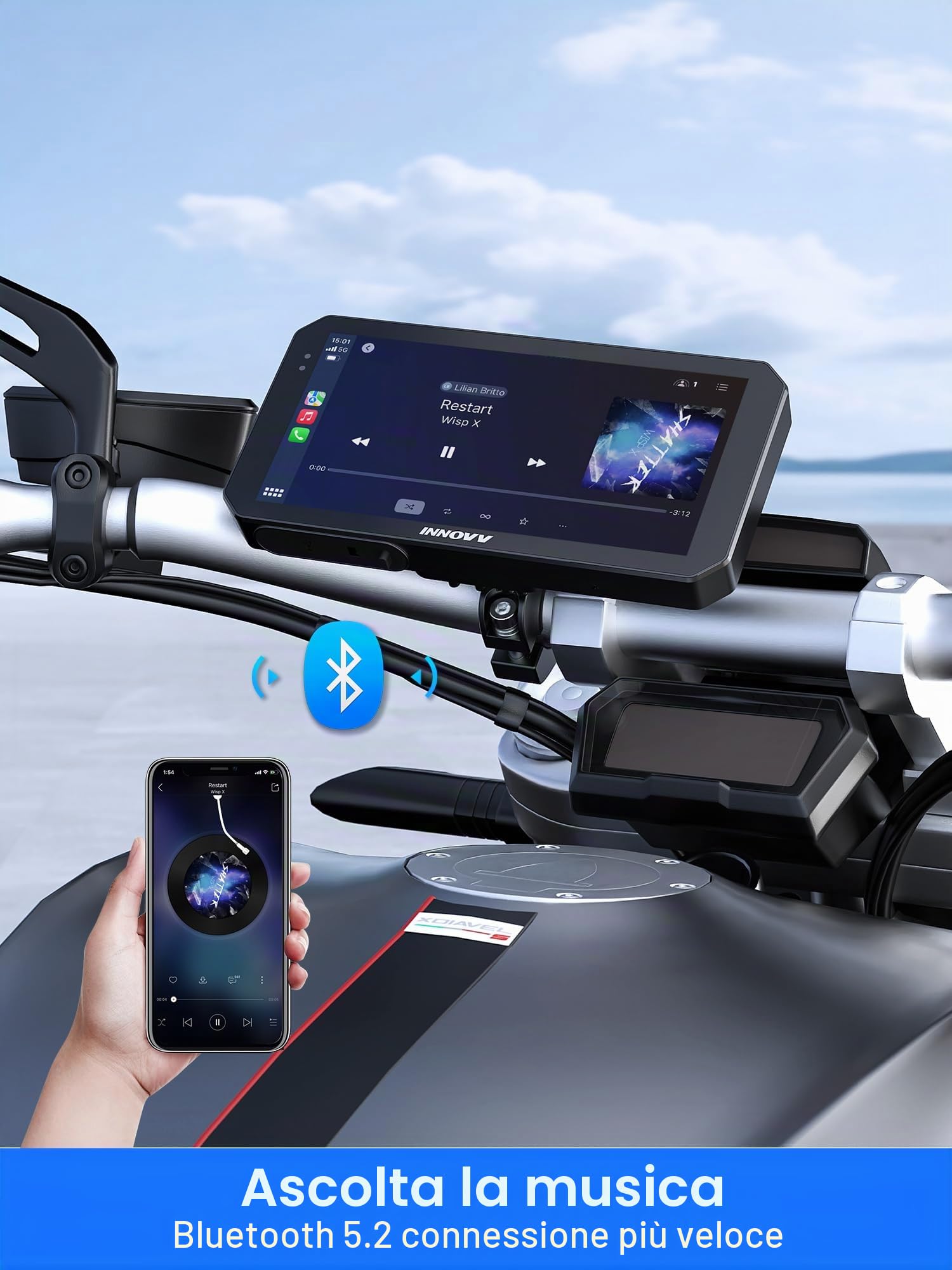 INNOVV N2 6 pollici Apple Carplay Schermo per Moto, Touch Screen Wireless Apple CarPlay & Android Sistema di Navigazione GPS Auto, 5G Wi-Fi, IP67 Impermeabile, Bluetooth, Modalità Parcheggio, Siri