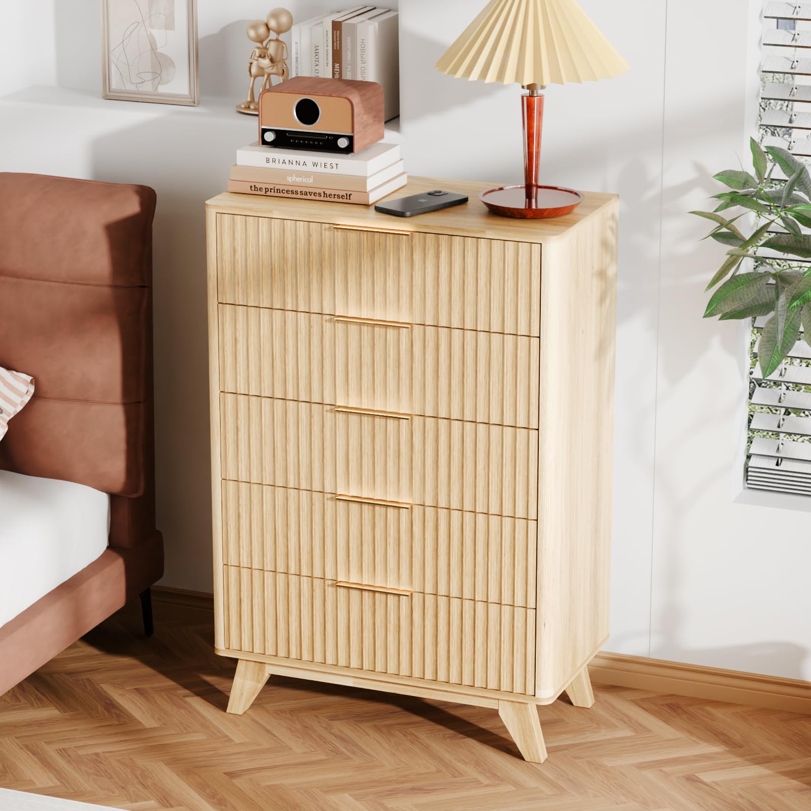 VINGLI 5 Drawer Dresser Tall Fluted Chest of Drawers, 30" W Dresser for Bedroom with Rounded Edge, Natural Oak, 29.92" W*15.6" D*44.88" H