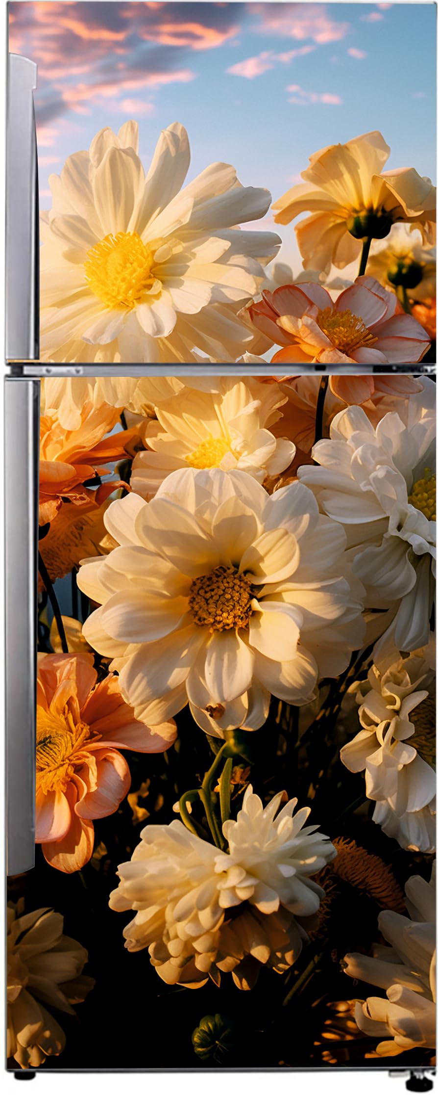 Magnetic Refrigerator Cover, White Daisy Floral Design, Full Door Decorative Wrap in Size of 60x152_cm (24x60_inch)-image-1