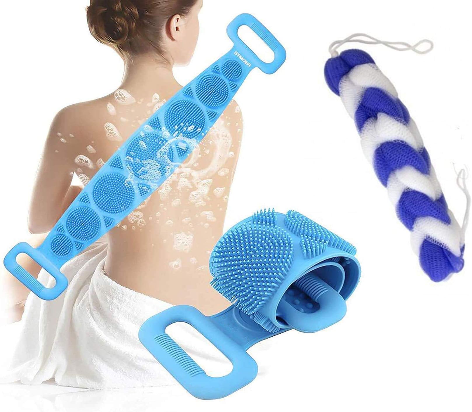 KRISHTAL TRADING Silicone Body Back Scrubber Bath Brush Belt Washer For Dead Skin Removal Mens Womens Double Side Brush Belt For Shower Exfoliating Belt, with Bath Body Brush Loofah Sponge packe of 2