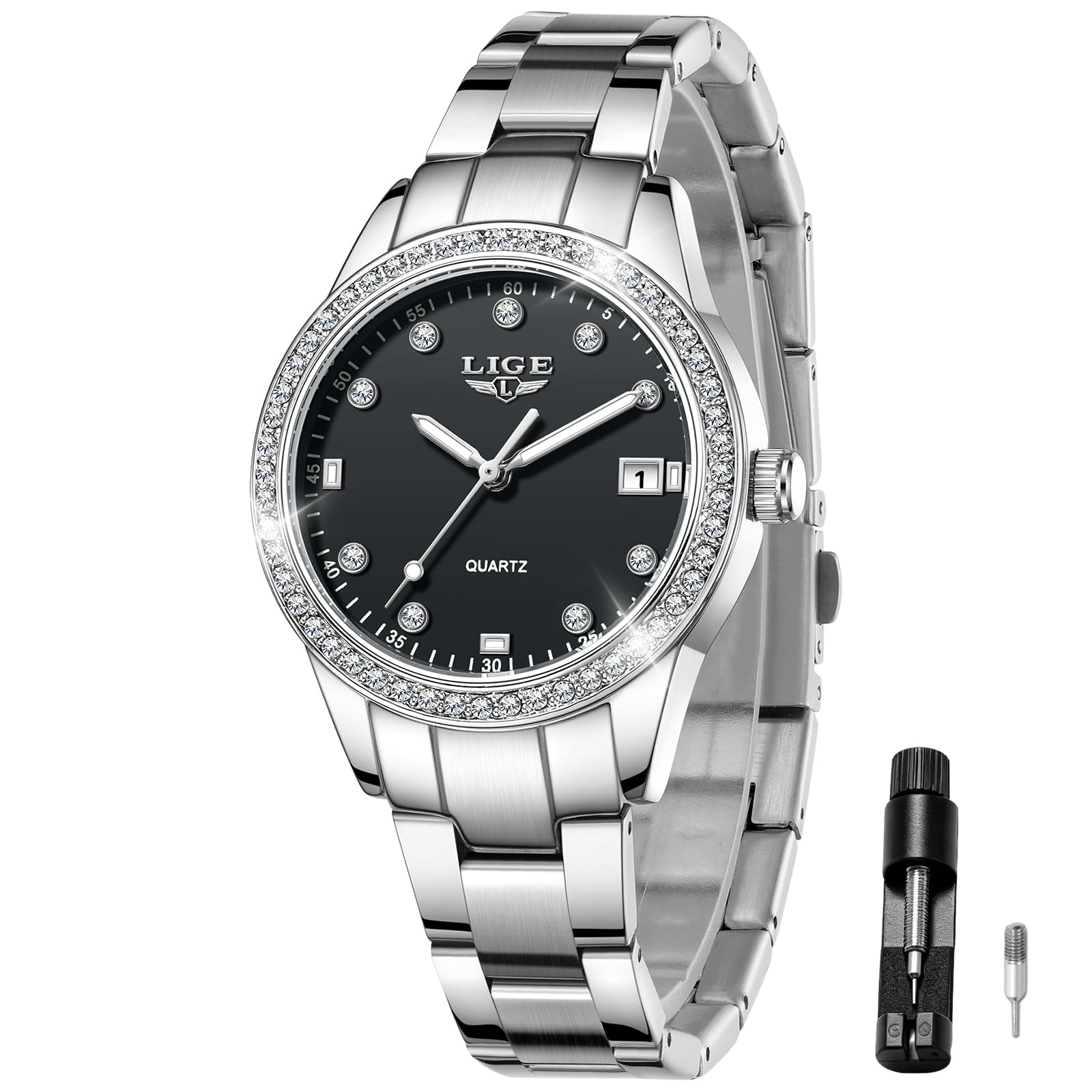 LIGE Montre Femme Quartz Analogique Lunette Strass Cristal Cadran 34mm | Bracelet Métal Argent Aiguilles Lumineuses Affichage Date 3ATM Étanche Verre Anti-Rayures Montre Luxe Mode Cadeau Femme