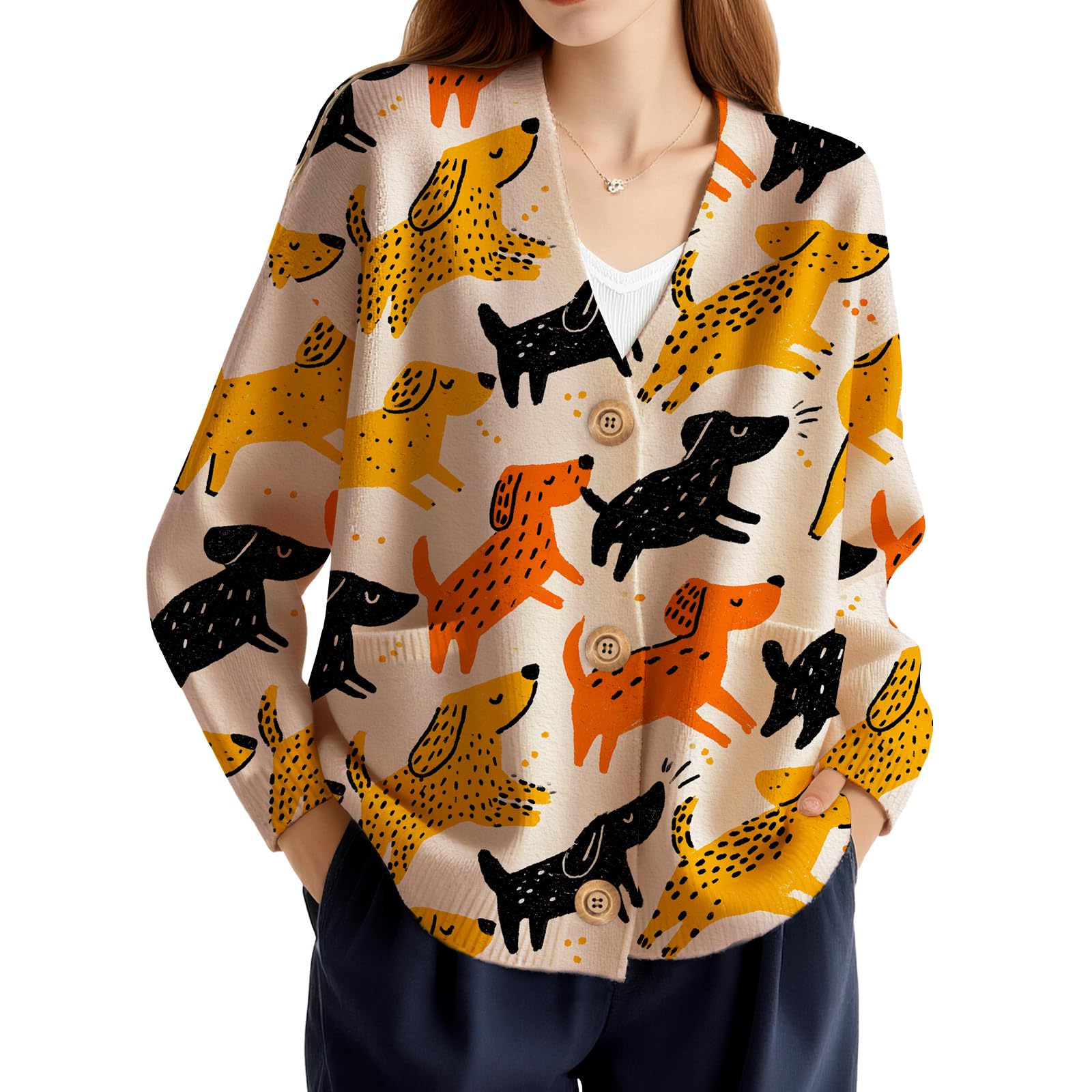Womens Animal Print Cardigan Fashion Fall Winter Long Sleeve V Neck Sweater Button Down Tops